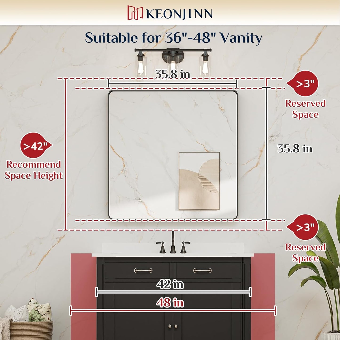 Keonjinn Brushed Nickel Wall Mirror, 36 x 36 Inch Large Square Silver Bathroom Mirrors for Over Sink, Rounded Rectangle Farmhouse Vanity Mirror, HD Tempered Glass Modern Mirror(Horizontal/Vertical)