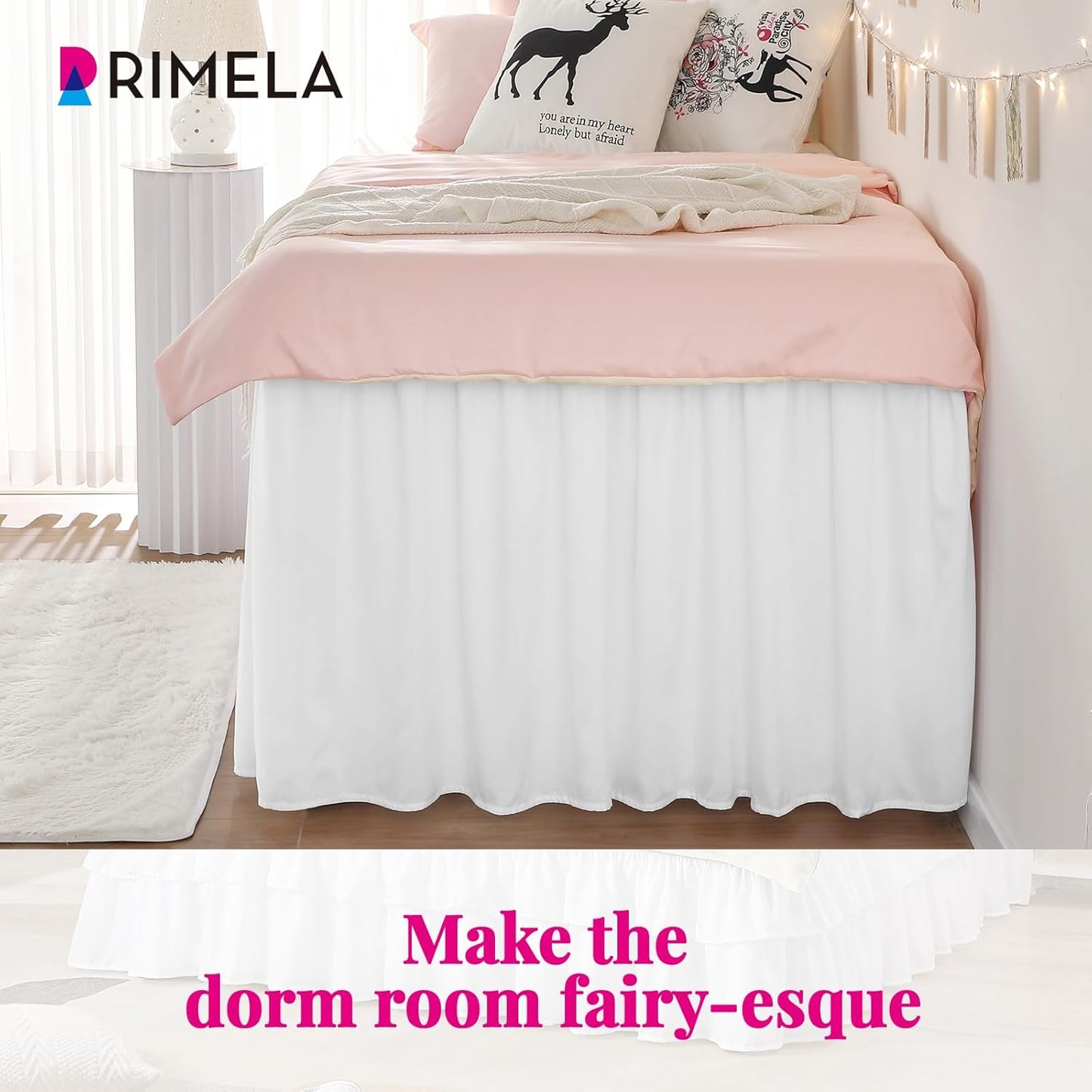 RIMELA Dorm Bed Skirt Twin XL 22 Inch Drop, Extra Long Wrap Around Elastic Bed Skirts Easy to Put On Twin Size Dust Ruffle, White Bedskirt for Adjustable Bed Base Solid Silky Fabric Machine Washable