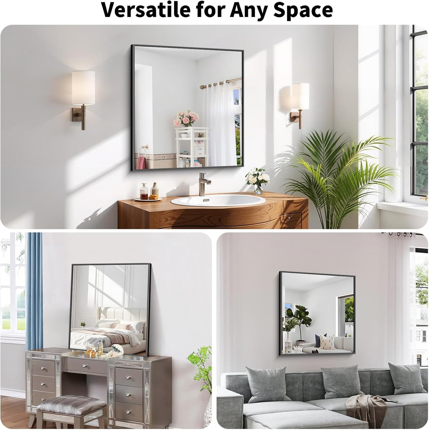 Koonmi Black Framed Bathroom Mirror - Shatterproof 30"x22" Tempered Glass, HD No Distortion, Horizontal/Vertical Mount, Modern Matte Aluminum Alloy Frame