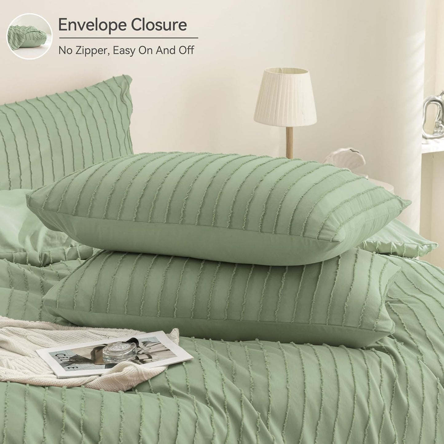 JELLYMONI Duvet Cover Full Size Light Green - 3PCS Boho Striped Duvet Cover Set Polyester Tufted Bohemian Textured Comforter Cover 80×90in with Corner Ties & Zipper and 2 Pillowcases