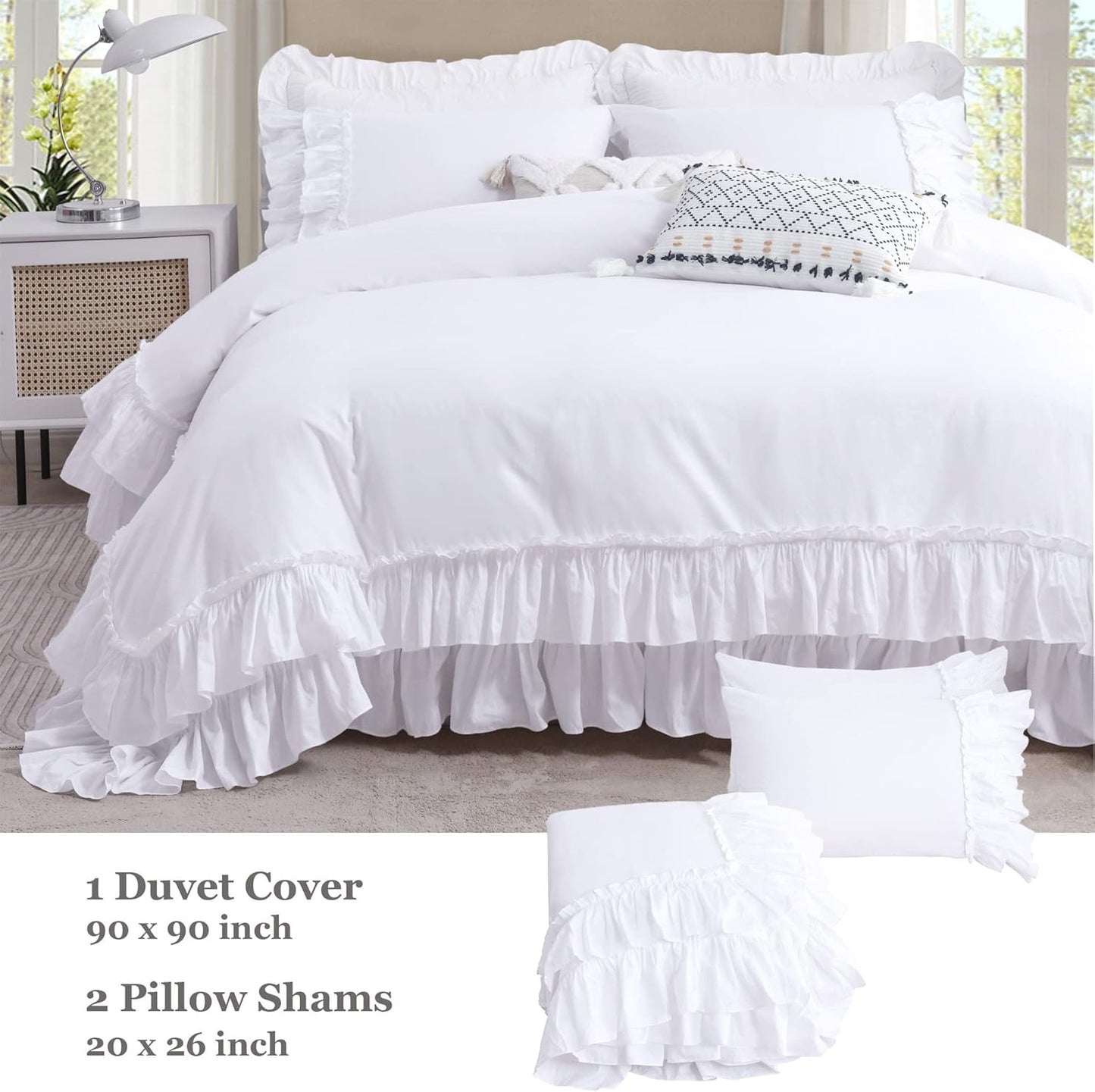 QSH Ruffle White Duvet Cover King Size-Washed Cotton Shabby Farmhouse Chic Ruffled Bedding 3pcs(1 Soft Linen Feel Cotton Duvet Cover +2 Ruffle Pillowshams) Aesthetic French Country King Bedding