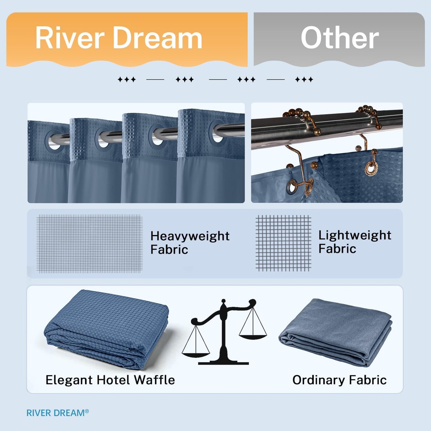River Dream Blue Shower Curtain No Hooks Required Dotted Waffle Weave Shower Curtain with Snap in Liner - 71W x 74H,Hotel Grade,Spa Like Bath Curtain,Moonlight Blue