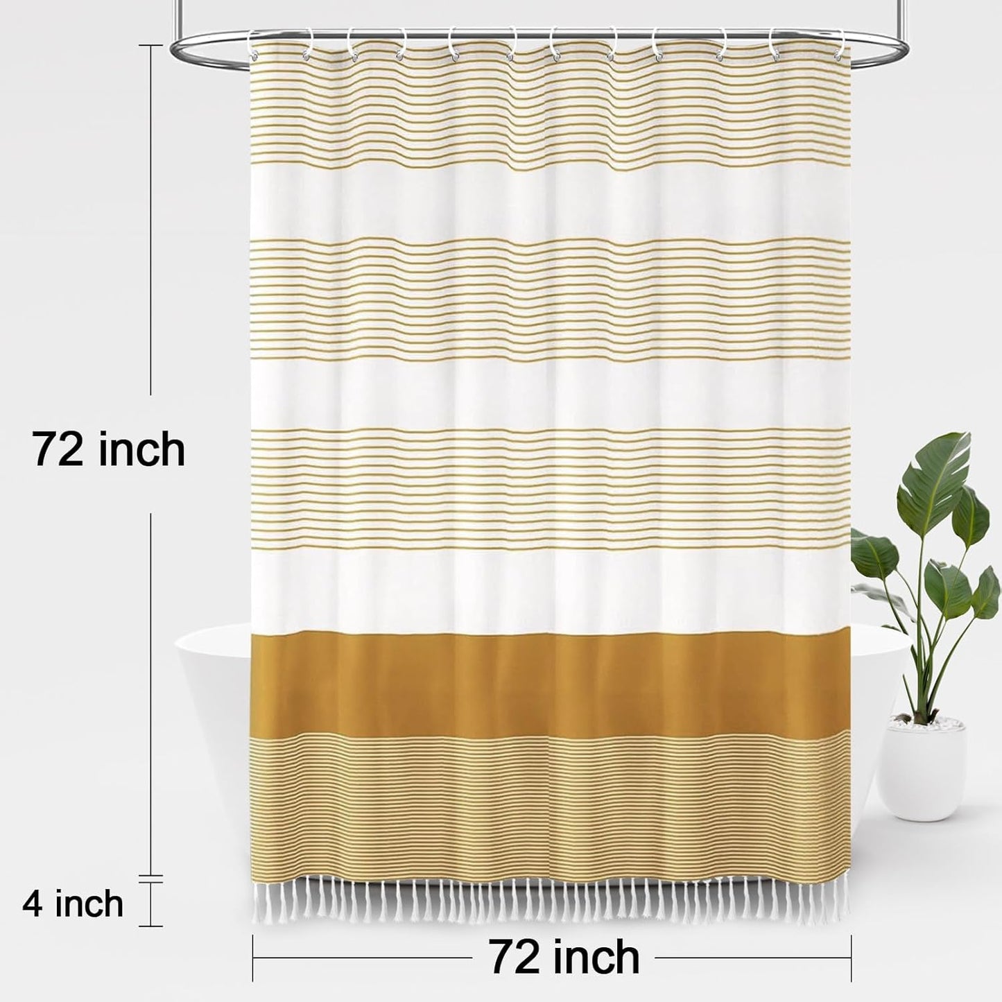 Awellife Gold Boho Shower Curtain for Bathroom Farmhouse Cotton Stripe Tassel Shower Curtain Natural Texture 72 X 72