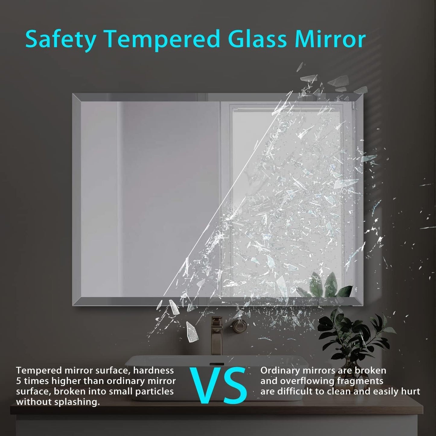 Frameless Beveled Edge Bathroom Mirror 38x26 Inch Rectangle Wall Mirror Explosion Proof and Shatterproof Bathroom Vanity Mirror Wall Mounted Hang Firmly (Horizontal or Vertical)