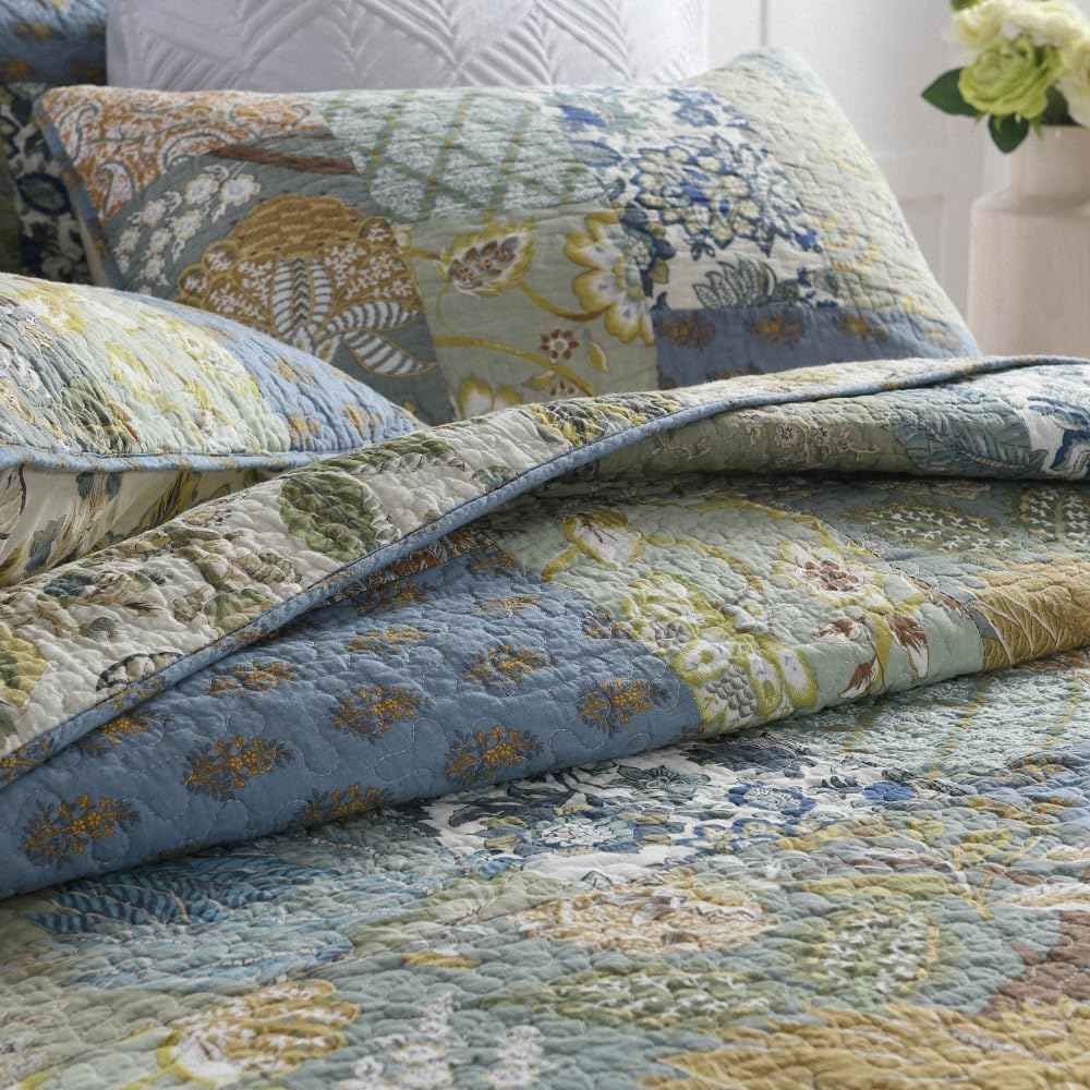 Cotton Bedspread Bedding Coverlet Quilt Sets, Reversible Vintage Branch Floral Bedspread comforters, (Rustic Sage Green Patchwork Pattern, Queen Size)