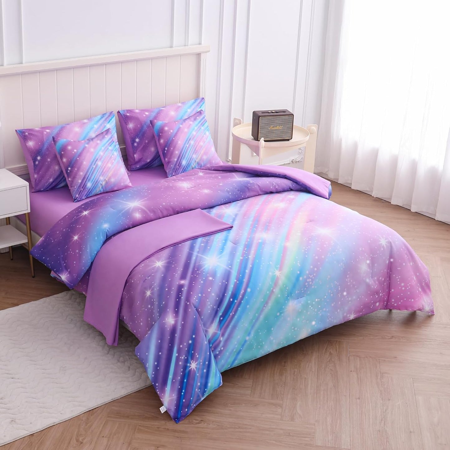 Rainbow Bedding Set Queen Size – 6-Piece Reversible Girls Comforter with Deep-Pocket Sheet, Gradient Galaxy Design, Whole-Piece Filling, Machine Washable Bed-in-a-Bag for Kids Room Makeover & Gifts