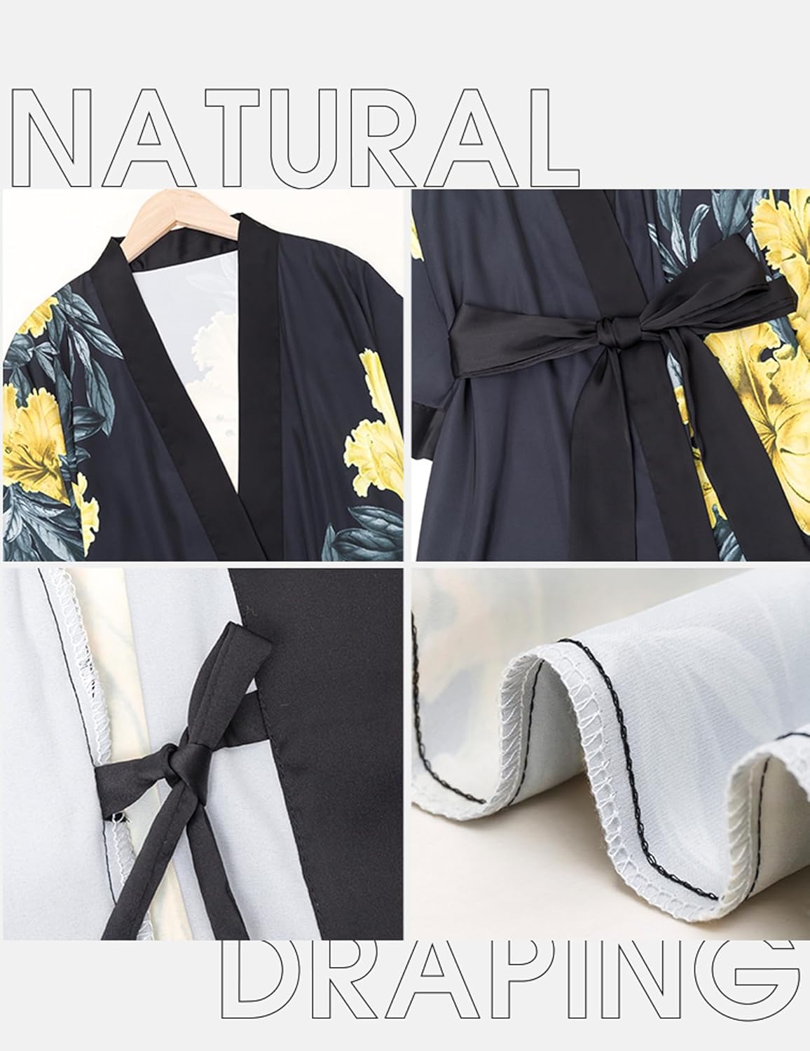 Silk Satin Robe for Women Long Japanese Kimono Robe Lightweight Soft Bathrobe Floral Luxury Dressing Gown