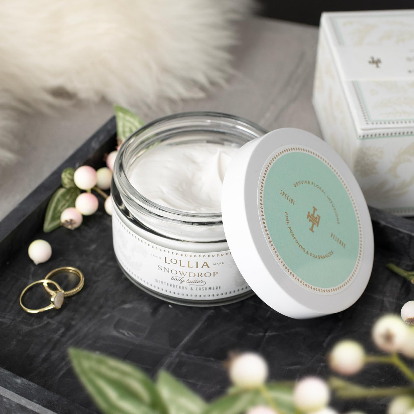 LOLLIA Snowdrop Whipped Body Butter, 5.7 oz, 155 g, Winterberry & Cashmere Scented Balm for Women, Moisturizing Shea & Cocoa Butter Lotion, Luxury Hydrating Skin Cream for Self Care