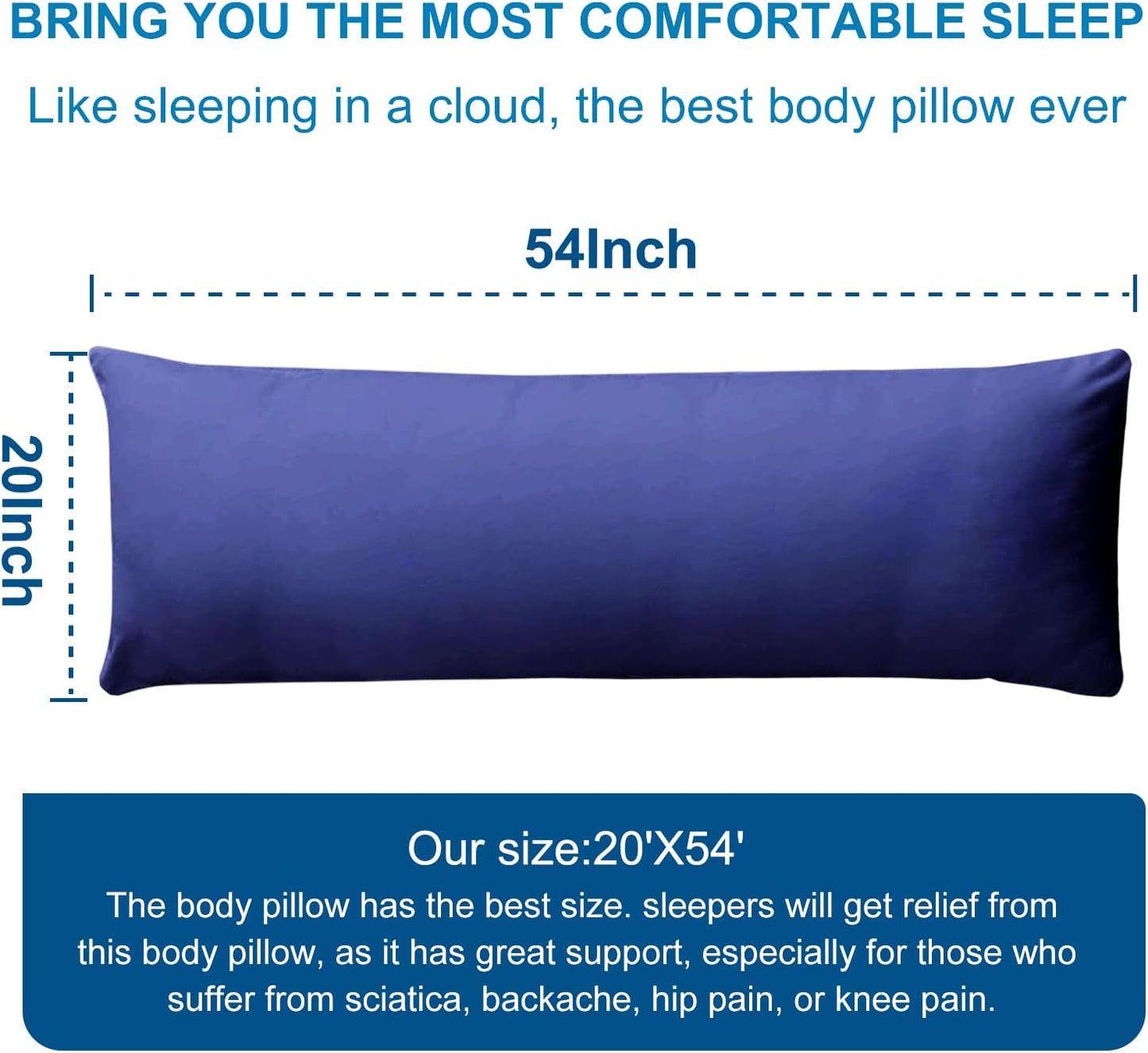 DOWNCOOL Large Body Pillow Insert- Breathable Full Body Pillow for Side Sleeper - Soft Long Bed Pillow for Adults - 20 x 54 inch (Blue)