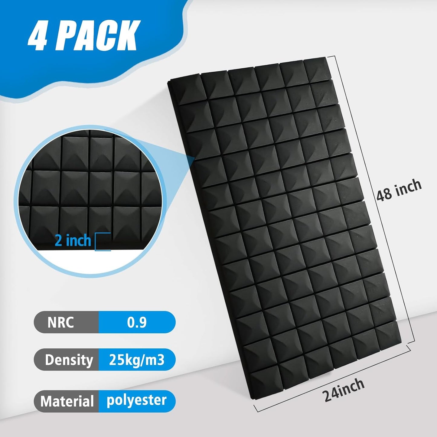 4 Pack Acoustic Panels, 48 x 24 x 2" Sound Proof Foam High Density Studio Wedge Tiles Fire Resistant Acoustic Panels for Home,Office, Recording Room, Studio (Black-4 Pack)