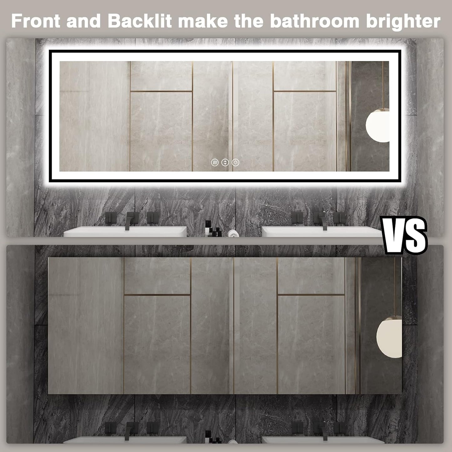 Large LED Bathroom Mirror - Black Aluminum Framed, Anti-Fog, Stepless Dimmable, 3 Colors Smart Mirror (Horizontal/Vertical)