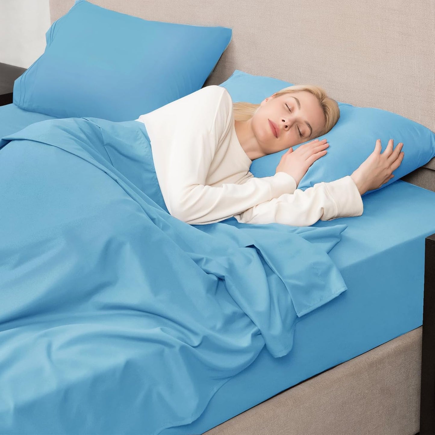 Mejoroom California King Size Sheet Set - Soft Microfiber Bed Sheets,Deep Pocket Fitted Sheet, Breathable, Wrinkle & Fade Resistant - 4 Piece(California King, Denim Blue