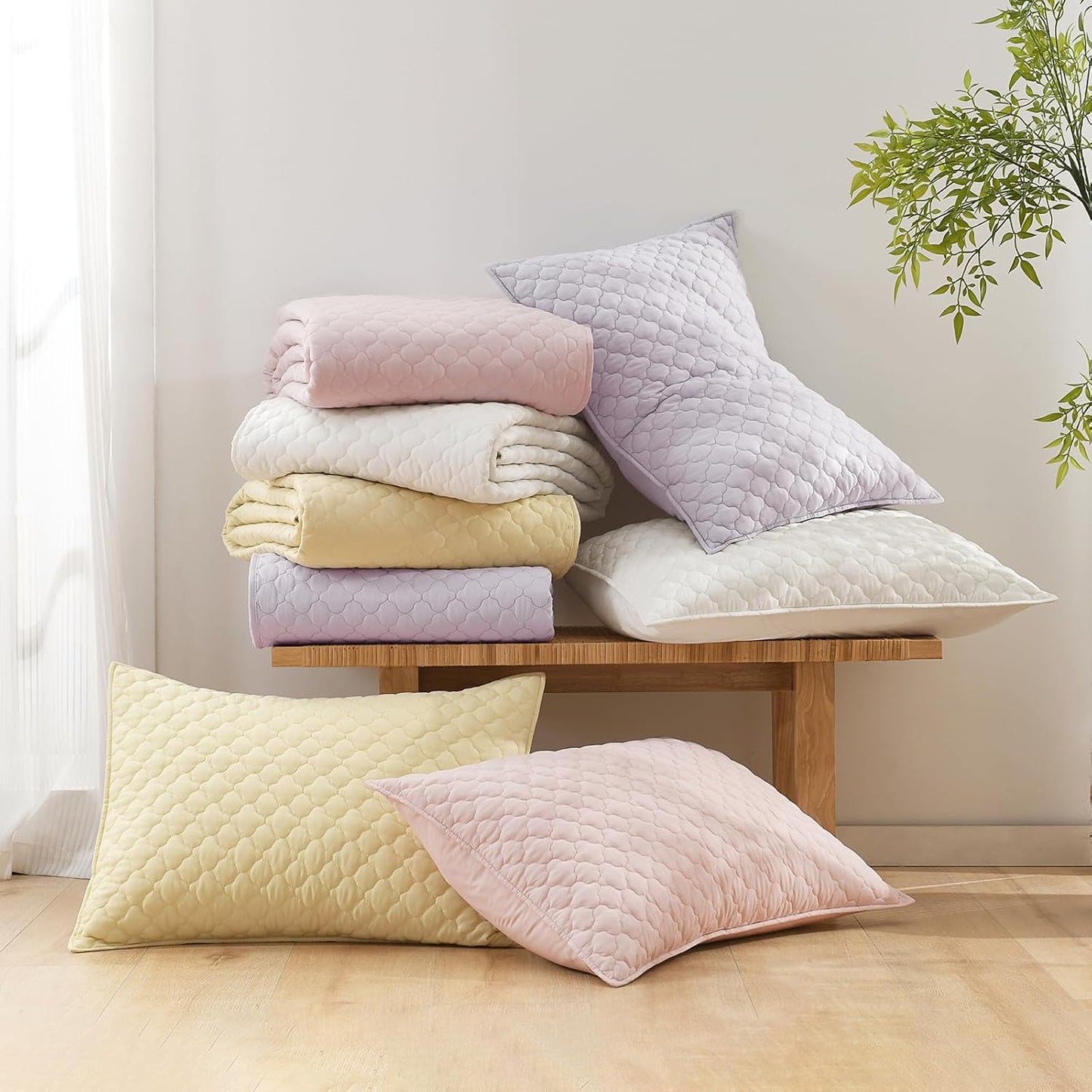 HORIMOTE HOME Quilt Queen Size Light Yellow, Lightweight Quilt for Summer Ultra-Soft Microfiber Modern Style Quilted Clouds Pattern Bedspread Quit Set 3 Pieces(1 Quilt and 2 Pillow Shams)
