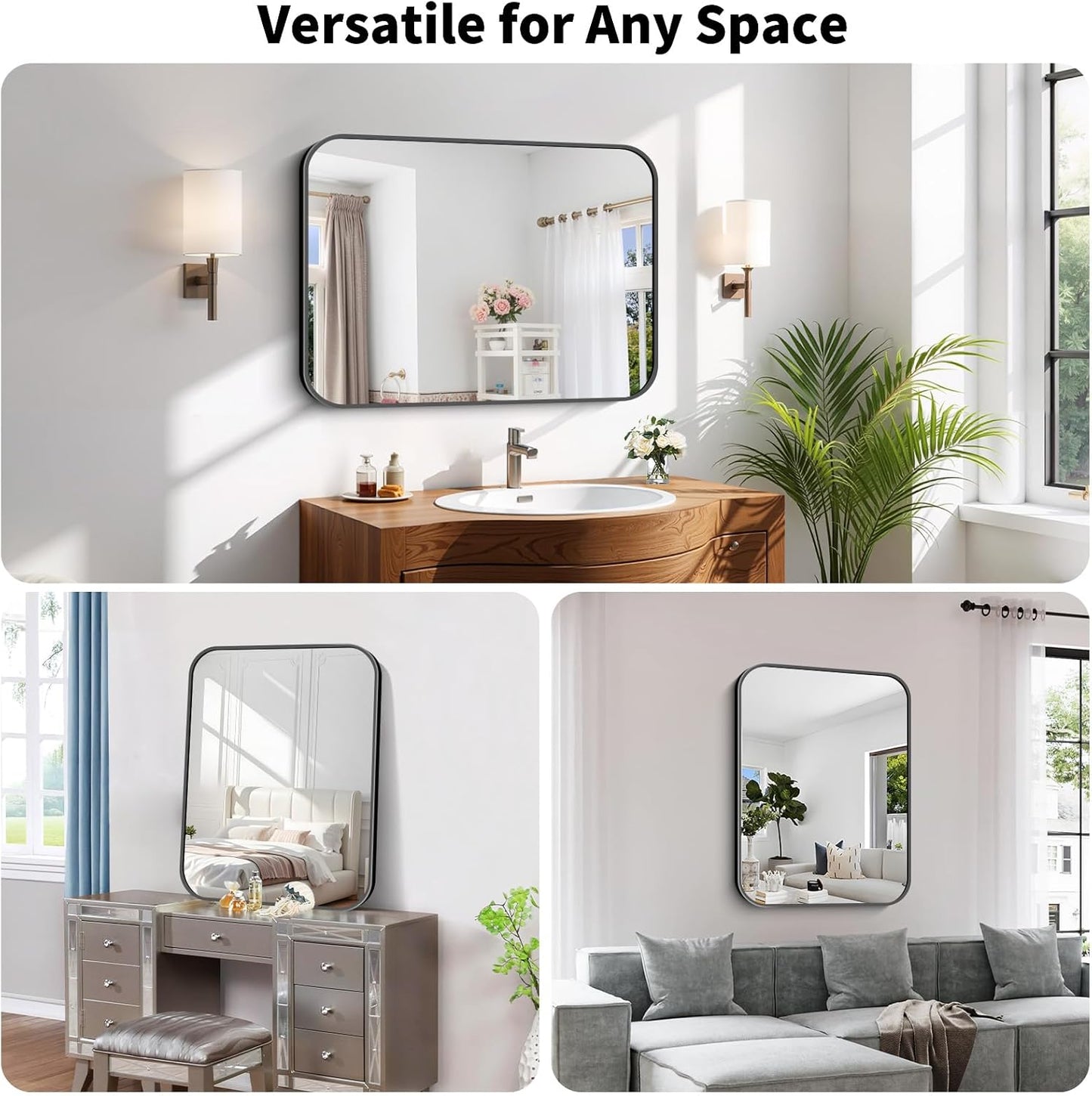 Koonmi Black Framed Bathroom Mirror - 24x36 Inch Shatterproof Tempered Glass Vanity Mirror for Bathroom Sink, Wall Mounted with Matte Aluminum Alloy Frame, No Distortion, Modern Decor