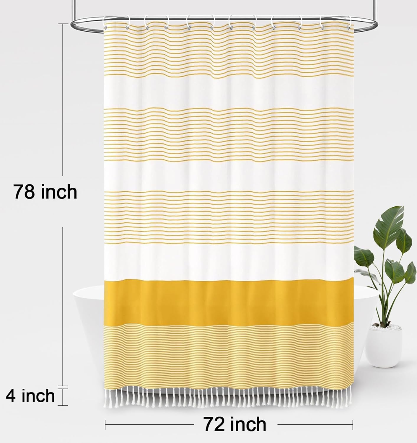 Awellife Boho Yellow Shower Curtain for Bathroom Farmhouse Cotton Stripe Tassel Shower Curtain Natural Texture 78" L x 72" W