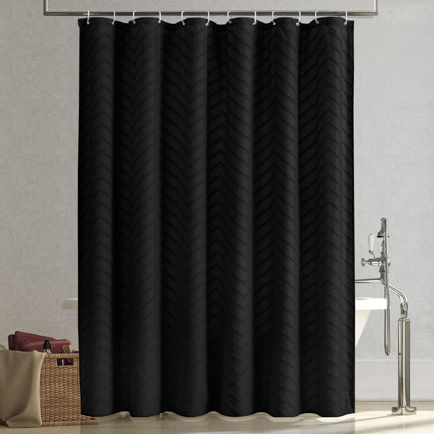 Black Boho Shower Curtain 72 x 78 Inches Woven Fabric Shower Curtain Tufted Chervon Textured Shower Curtains Modern Minimalist Shower Curtains for Bathroom
