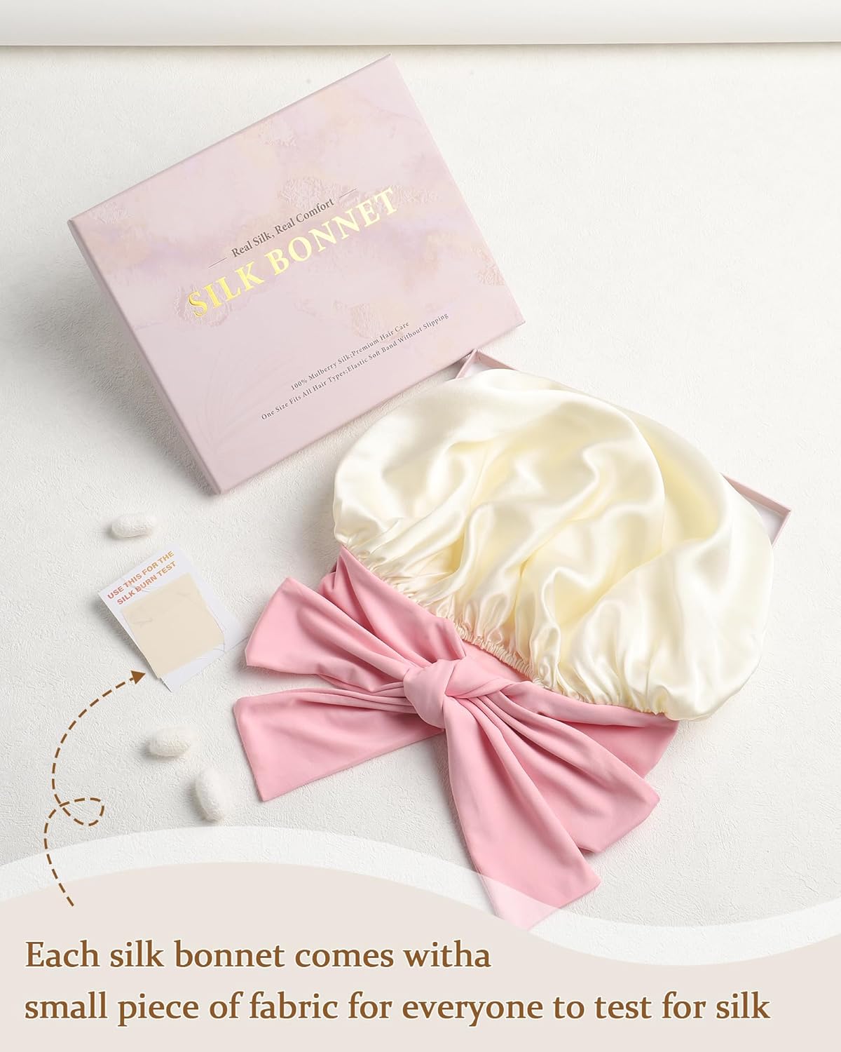 AWAYTR Mulberry Silk Bonnet for Sleeping - Silk Sleep Bonnet with Tie Band for Curly Hair Men and Women (Beige and Pink Tie Band)