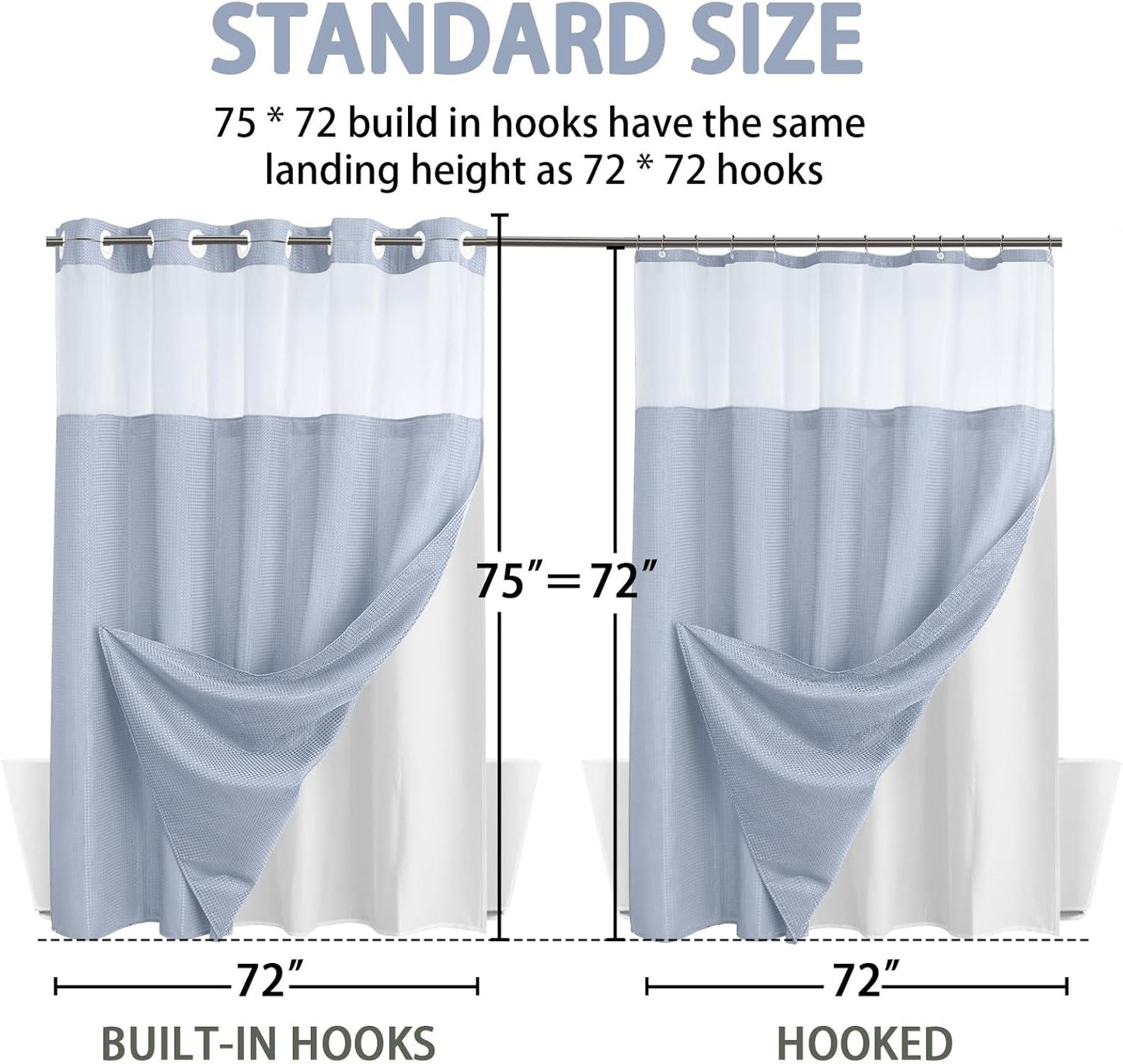 YellyHommy No Hook Shower Curtain with Snap in Liner Set Less Time Waffle Shower Curtain for Bathroom 75" L x 72" W Mist Blue