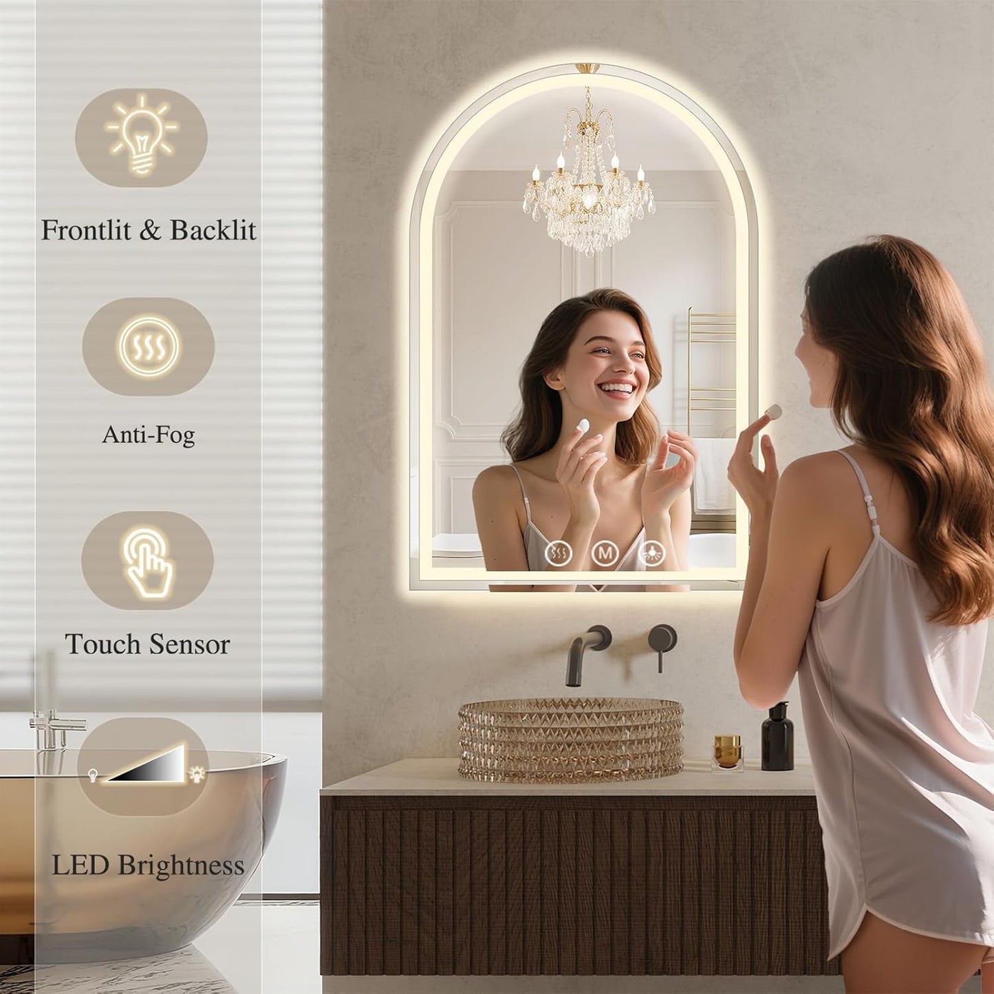 LED Bathroom Mirrors with Lights 36"x60" Arched Mirror for Wall,Led Vanity Mirror, Anti-Fog,LED Mirrors with Front Light and Backlit, Anti-Fog, Dimmable, 3 Color, Shatterproof, Touch Sensor