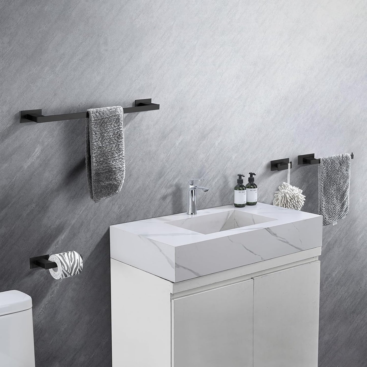 4-Pieces Bathroom Hardware Accessories Set, Towel Rack Towel Bar Toilet Paper Holder Towel Hook Self Adhesive Stainless Steel Towel Rack Set for Bathroom Wall Mounted, Matte Black 23 Inch