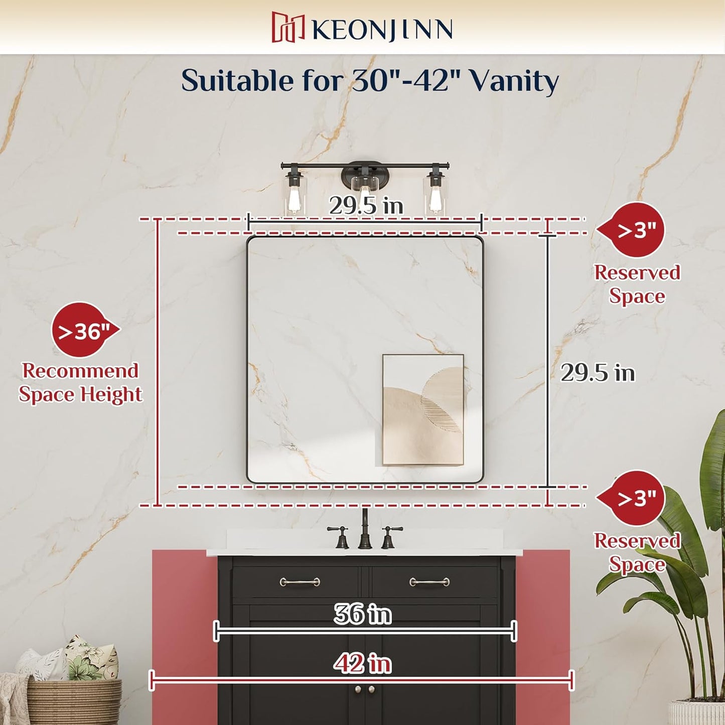 Keonjinn Black Bathroom Mirror for Over Sink, 30 x 30 Inch Rounded Rectangle Bathroom Vanity Mirror for Wall, Matte Black Farmhouse Mirror with Seamless Frame, HD Tempered Glass(Horizontal/Vertical)