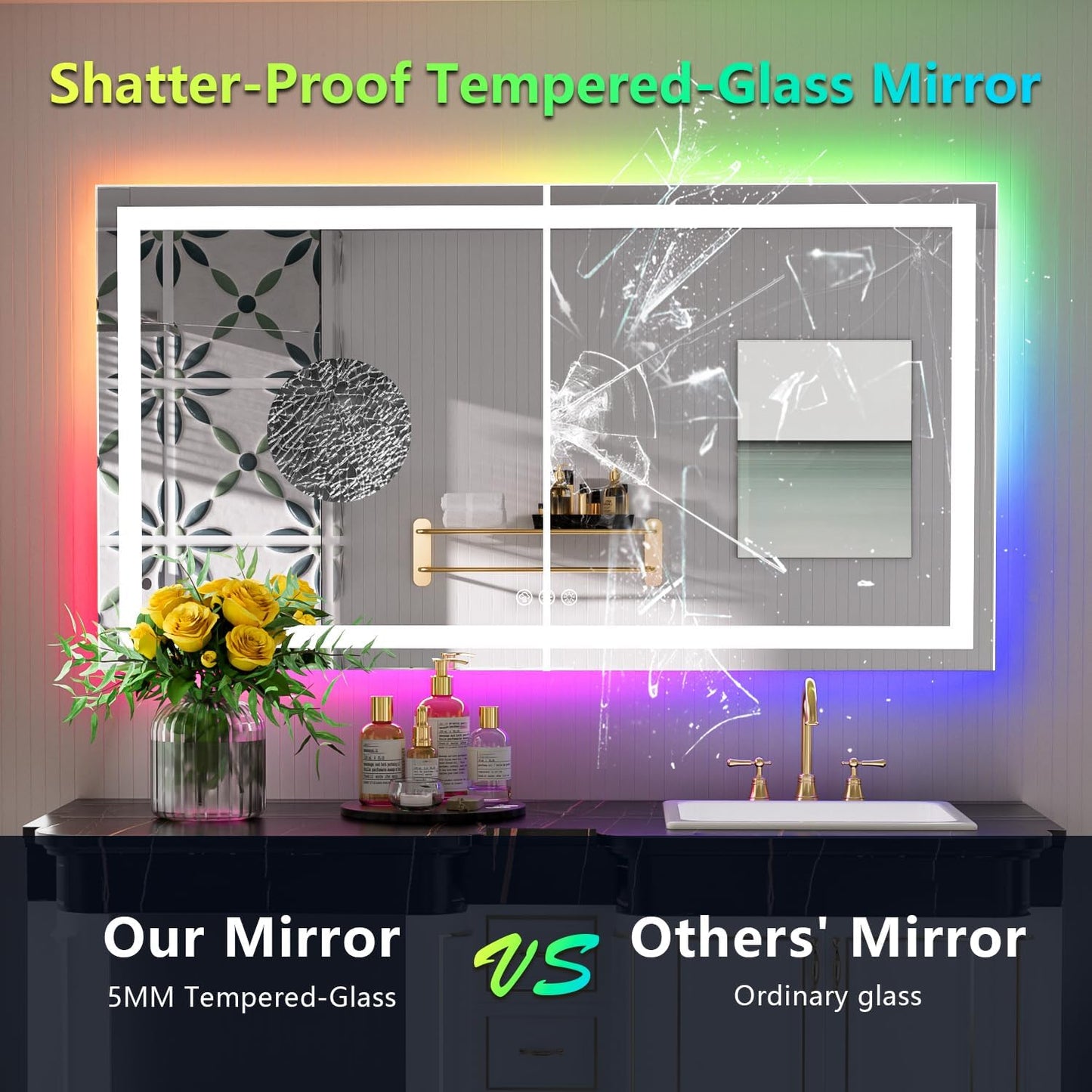 55x30 Inch RGB LED Bathroom Mirror Front Light and RGB Backlit Lighted Vanity Mirror for Bathroom Wall Mounted Dimmable Anti Fog Memory Shatter-Proof IP54 Waterproof Horizontal/Vertical