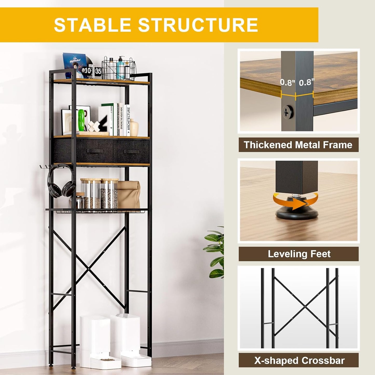 4-Tier Over Toilet Bathroom Organizer with 2 Drawers, Wooden Over Toilet Storage with Adjustable Shelf, Paper Holder, Hooks, 23.6" W Freestanding Bathroom Shelves Over Toilet Space Saver