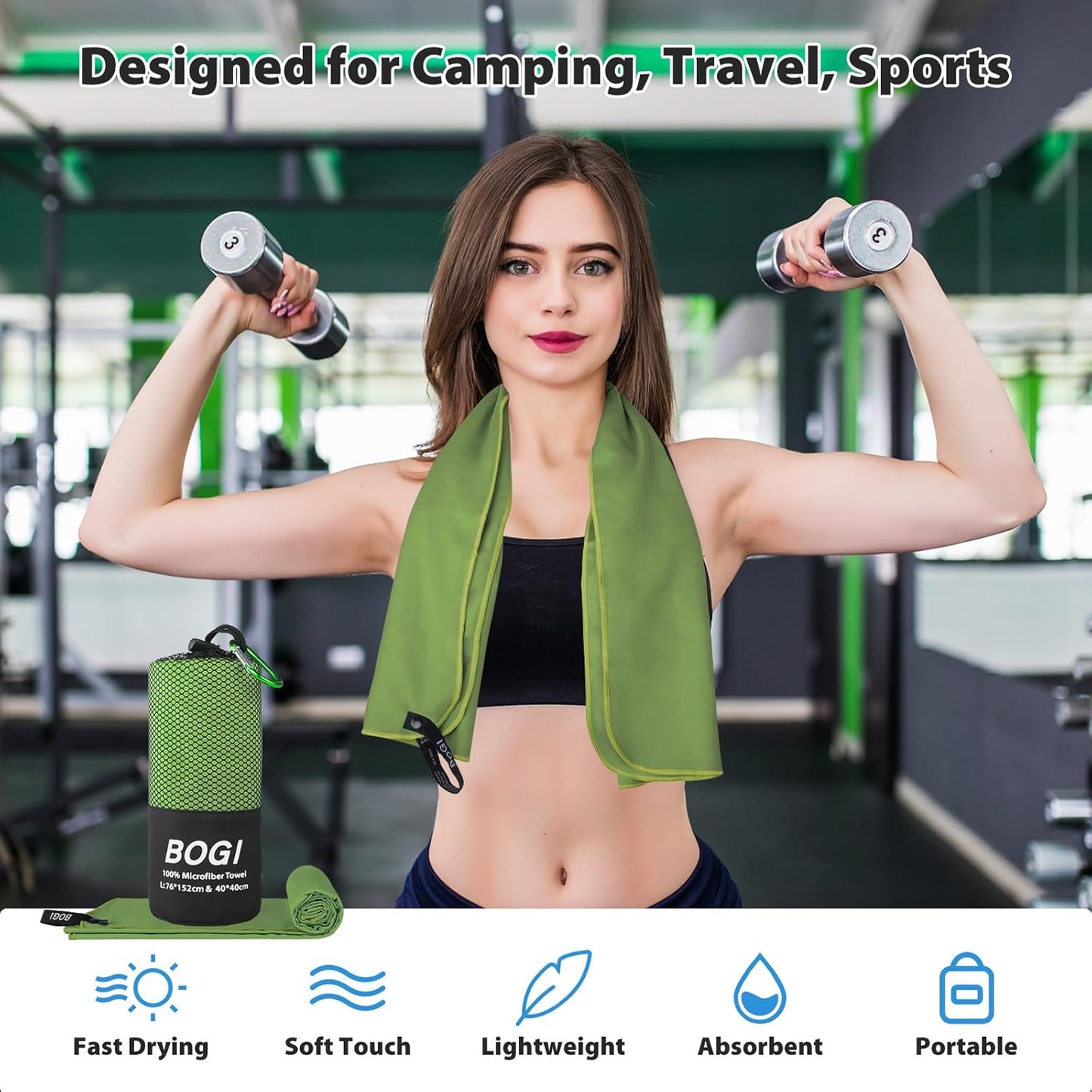 BOGI Microfiber Travel Sports Towel-Quick Dry Travel Towel,Soft Lightweight Absorbent Compact for Camping Gym Beach Bath Yoga Swimming Backpacking (L:60''x30''+16''x16''-AGreen)