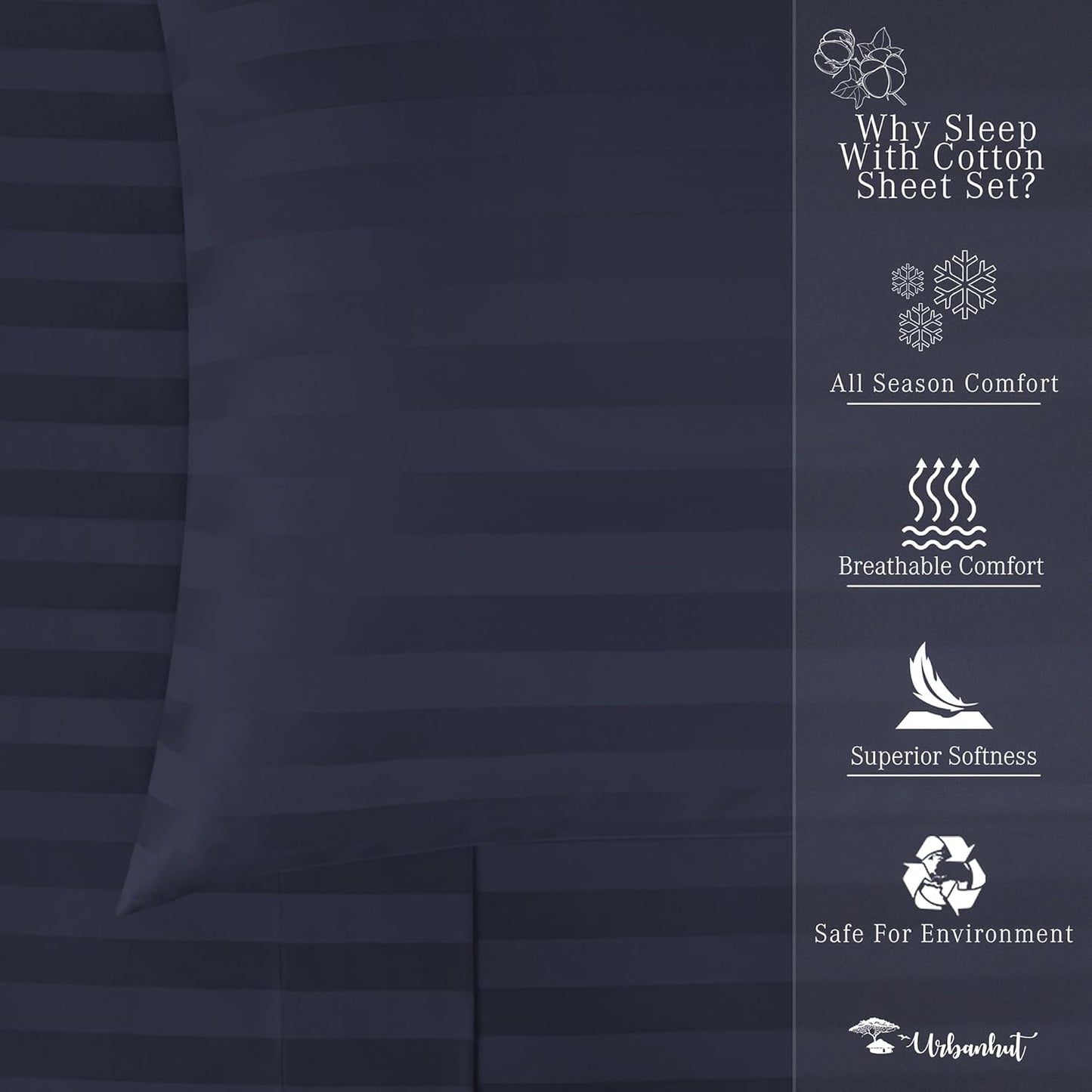 URBANHUT 1000 Thread Count Damask Striped King Sheet Set Egyptian Cotton Sheets, Long Staple Soft & Breathable, 4 Pcs Bed Sheet Sets, Luxury Hotel Sateen Sheets Fits 16" Deep Pocket - Navy Blue
