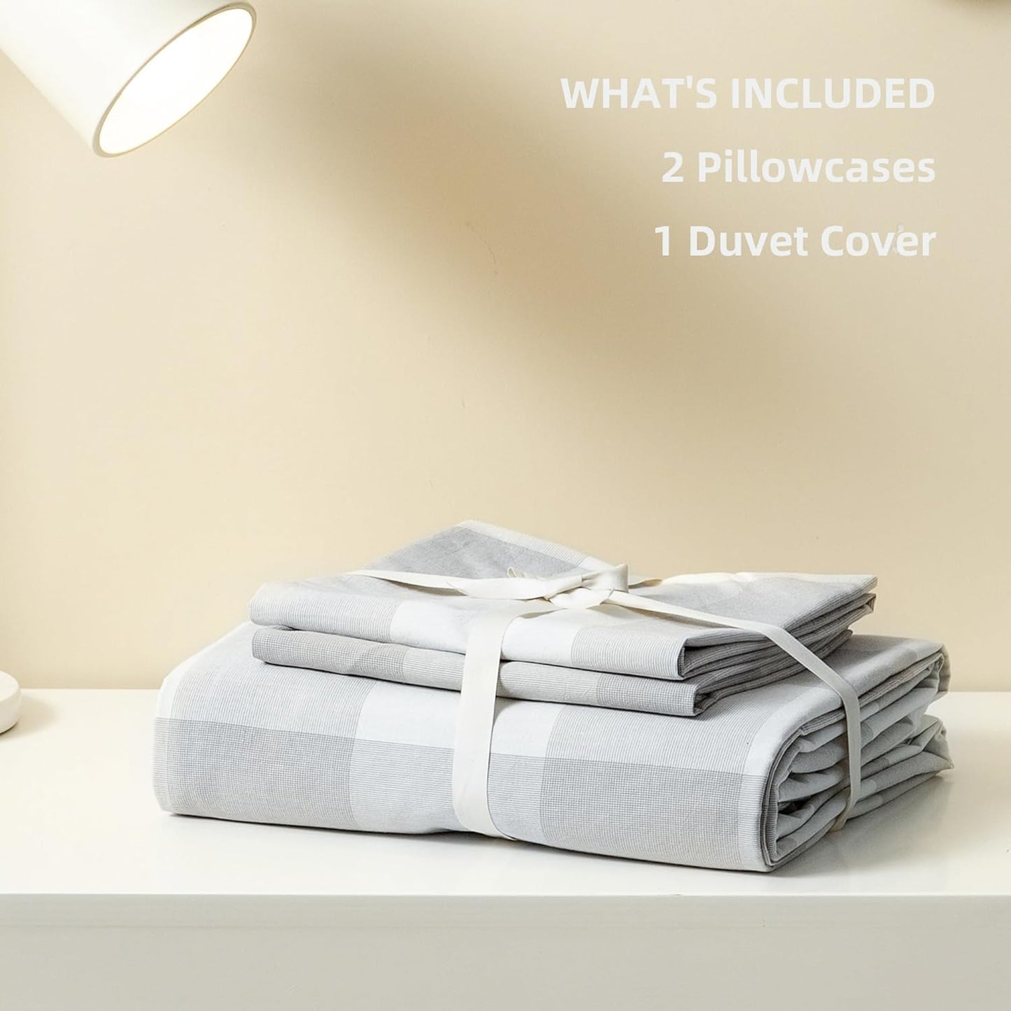 JIYUAN 100% Washed Cotton Duvet Cover Set 3 Pieces King, 1 Duvet Cover 104x90 Inches(Comforter Not Included) and 2 Pillowcases,Linen Feel Bedding Set Comfy and Breathable, Heathered Plaid Grey