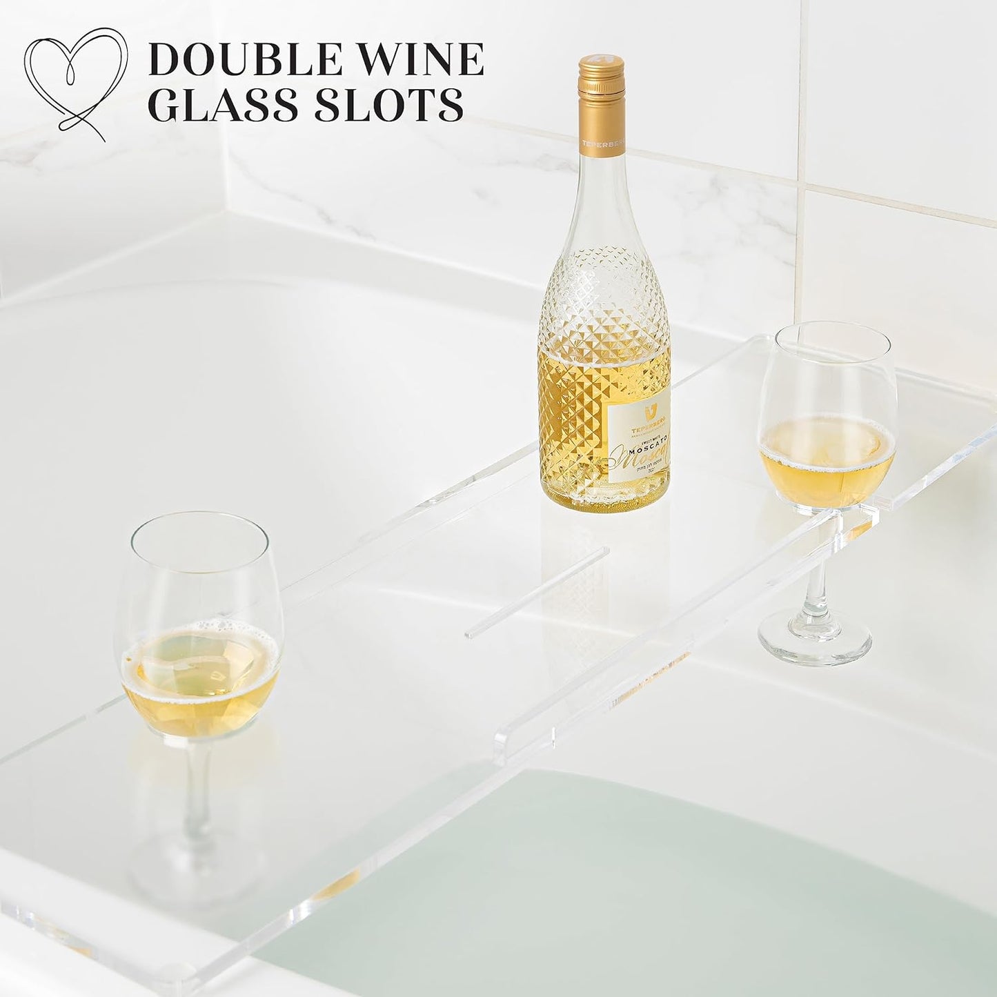 34" Supreme Plus- Luxury Bathtub Tray Caddy- 3/8" Thick, Clear Bath Tub Tray Table for 1 or 2 Bathers, Acrylic Bathtub Caddy, iPad and 2 Wine Glass Holders (Supreme Plus, 34")