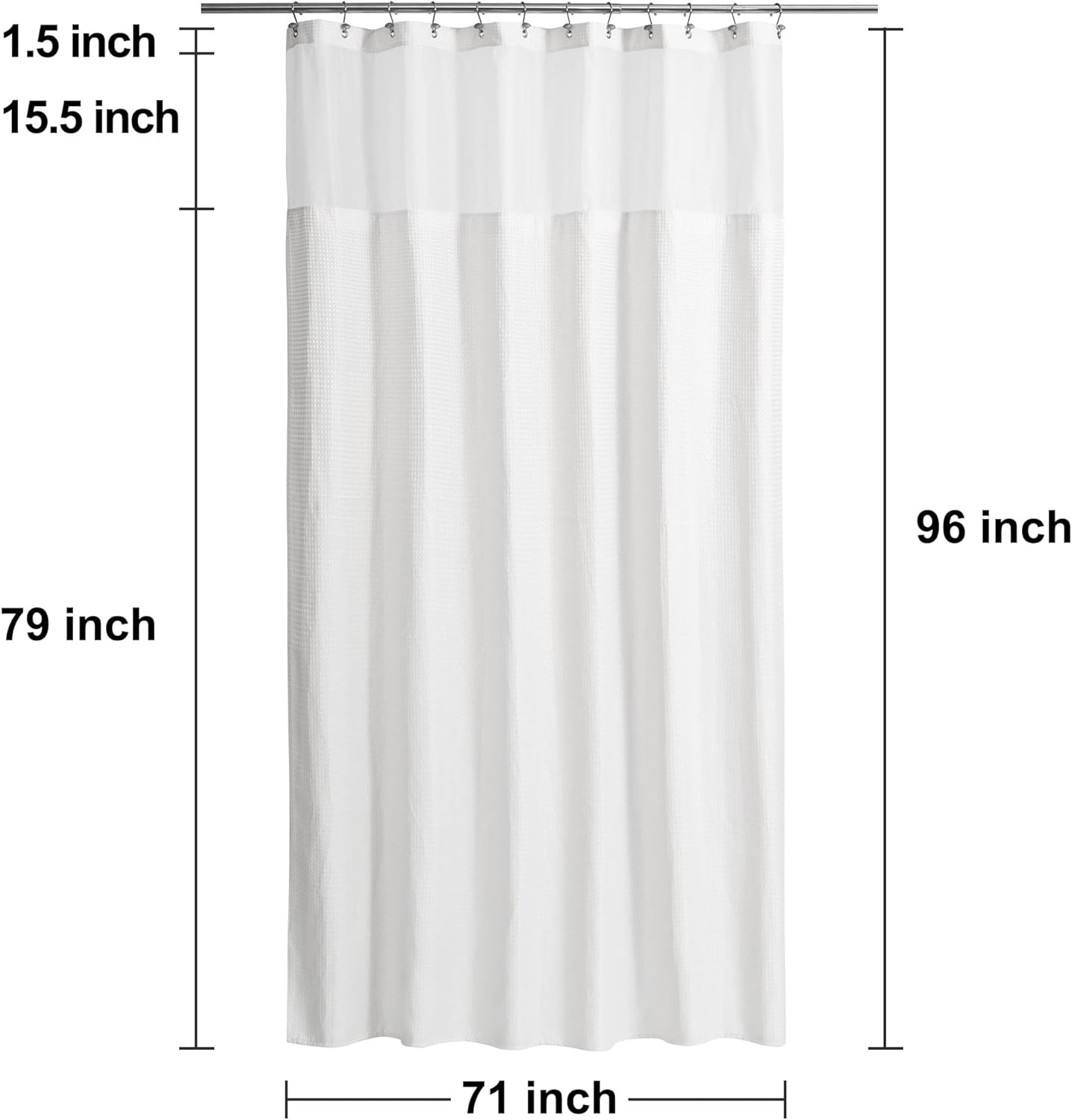 N&Y HOME Extra Long Waffle Weave Shower Curtain 96 Inch Length with Snap-in Fabric Liner & Metal Hooks Set - Hotel Style, Waterproof & Washable, Heavyweight Fabric & Mesh Top Window - 71"Wx96"L, White