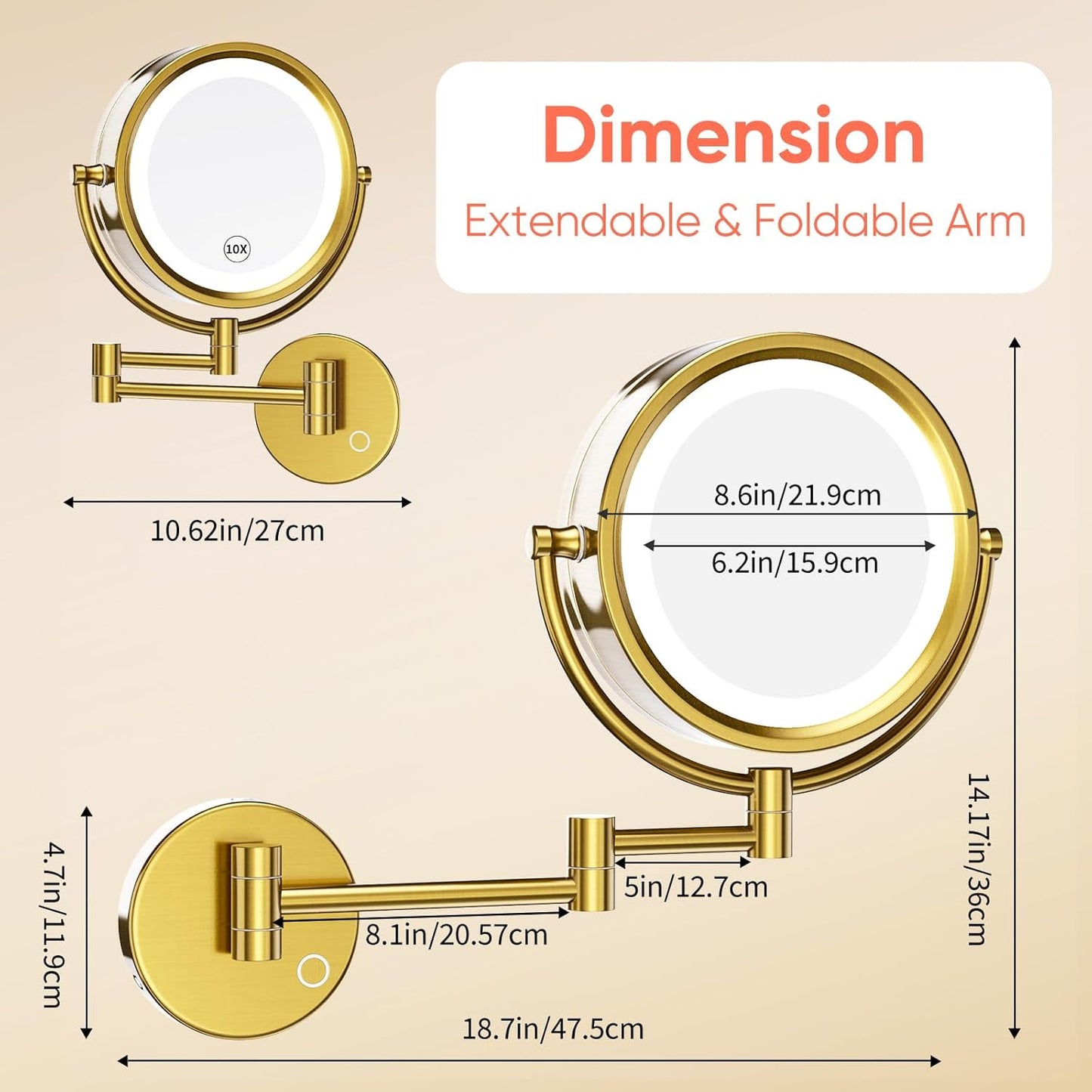GURUN Wall Mounted Hardwired Makeup Mirror with 3 Tones Dimmable LED Lights 10x Magnifying Mirror with Touch Control for Bathroom Bedroom 13" Extendable Arm M1809DB-GJ Retro Gold