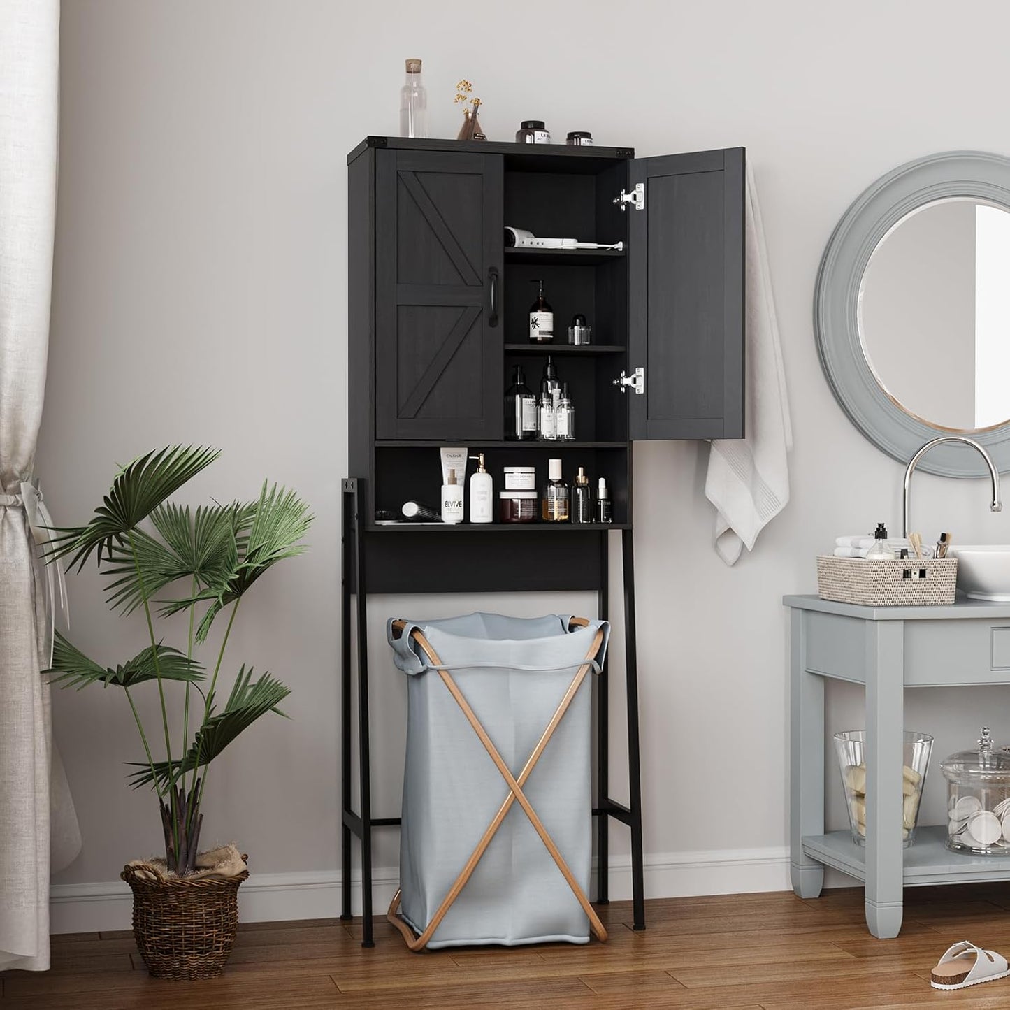Over The Toilet Storage Cabinet with 2-Door Design Bathroom Organizers and Storage with Anti-Tip Device Over Toilet Organizer with Shelves for Bathroom,Restroom,Laundry Black