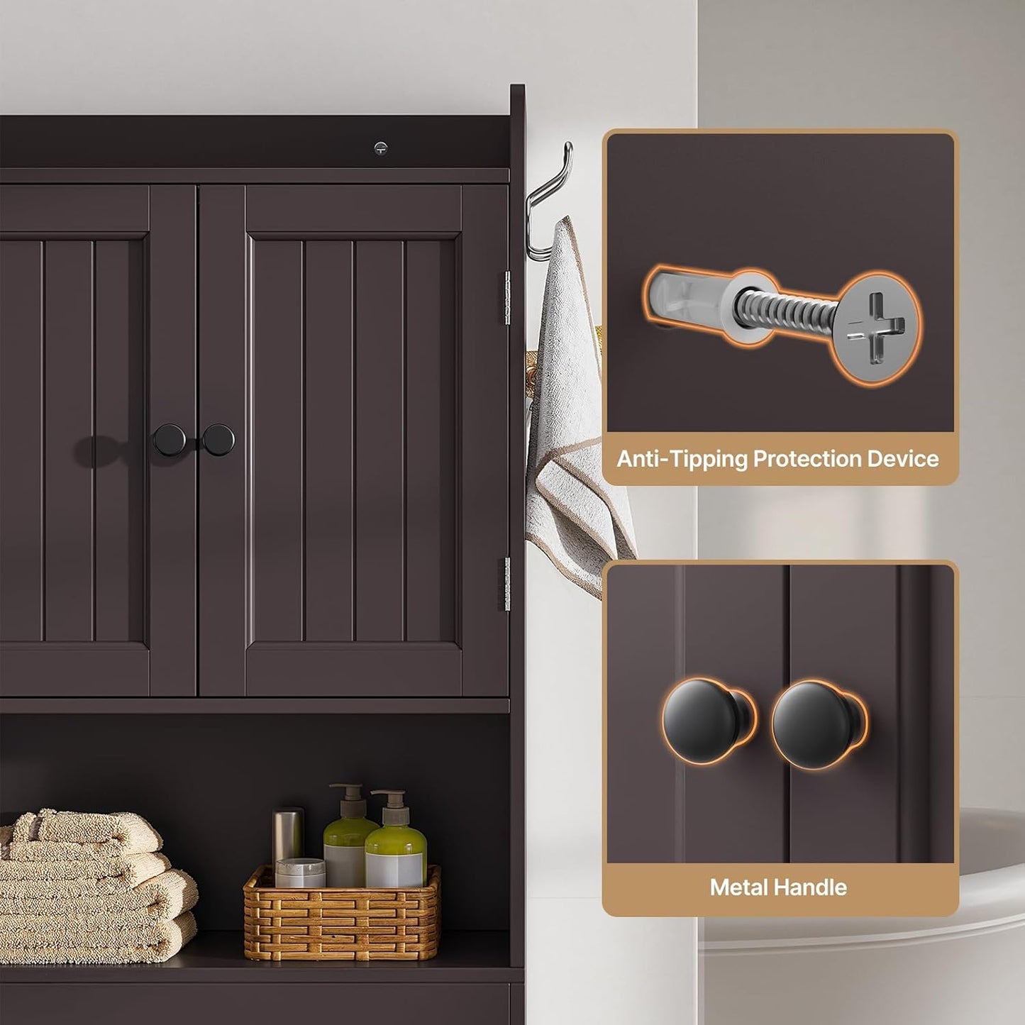 Gizoon Over The Toilet Storage Cabinet, Over Toilet Bathroom Organizer with Adjustable Shelves and 2 Doors, Over Toilet Storage Cabinet with Paper Holder, 2 Side Hooks, Space-Saver, Dark Brown
