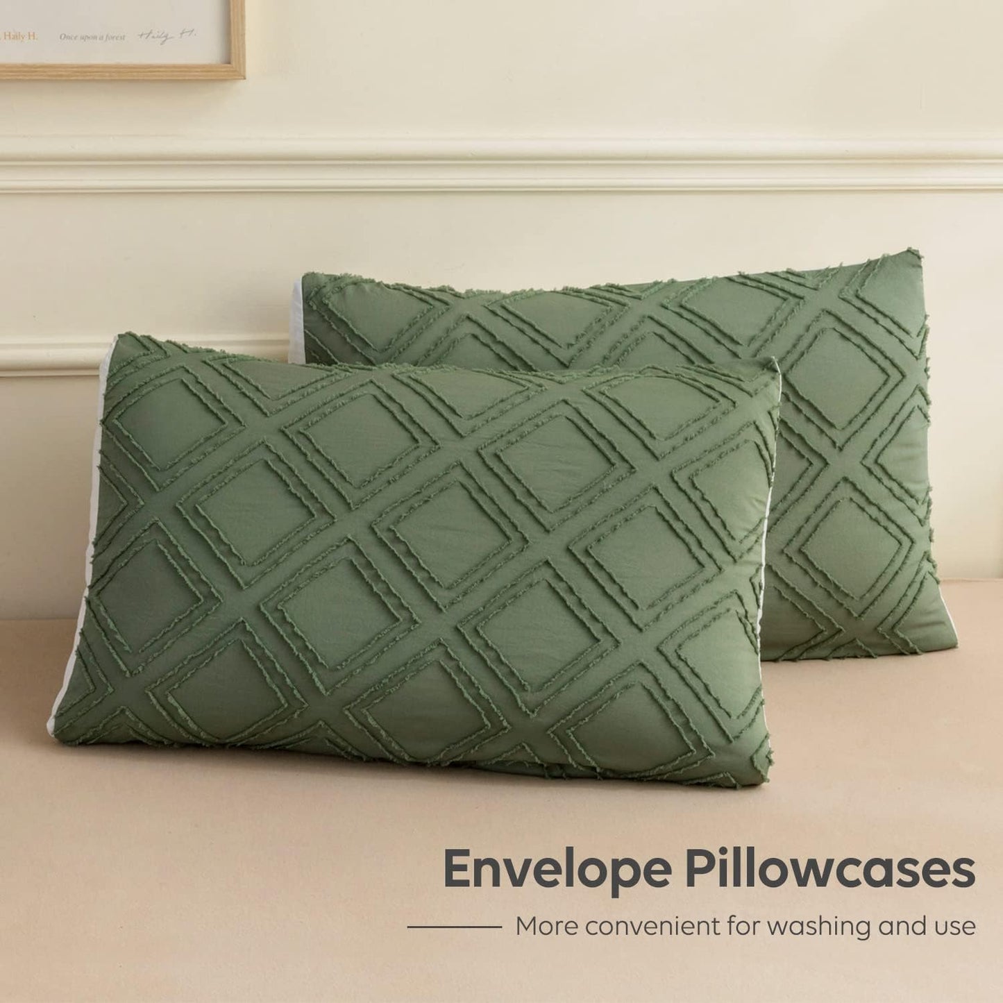 JELLYMONI Duvet Cover King Size Green and White - 3PCS Boho Duvet Cover Set Plaid Polyester Tufted Bohemian Jacquard Knit Textured Comforter Cover 104×90in Rhombic Geometric Pattern Zipper Corner Tie