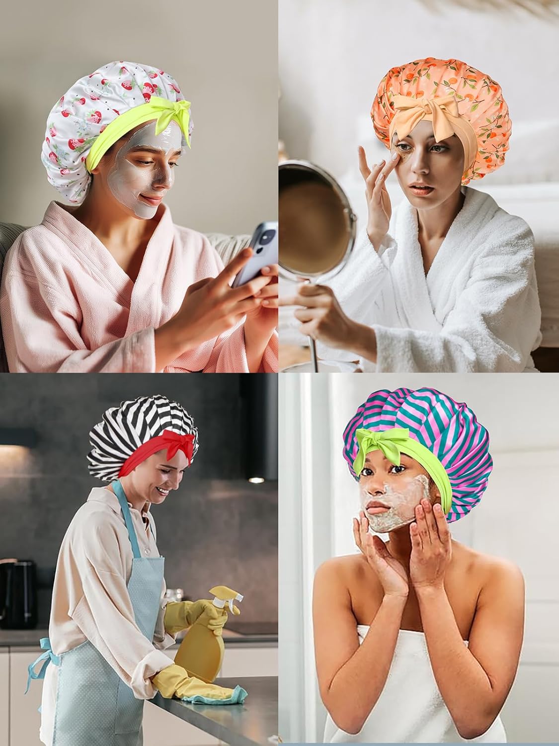 Floral Satin Bonnet For Sleeping Women Double Layer Pleated Design Adjustable Shower Cap For Curly Hair Pink Green Stripes