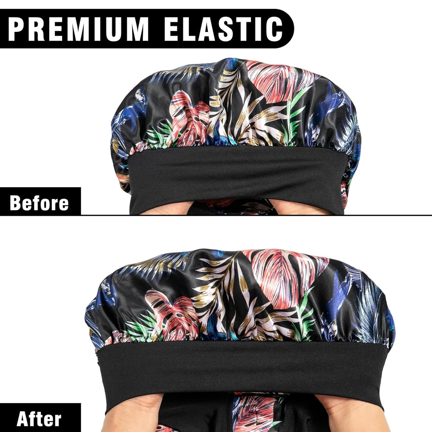 3Pcs Bonnets for Black Women Braid Bonnet, Large Long Satin Bonnet for Braids, Black Women Satin Silk Bonnet with Stretchy Tie Band Sleep Bonnet Cap for Long Curly Hair (Green & Black Pattern & Brown)