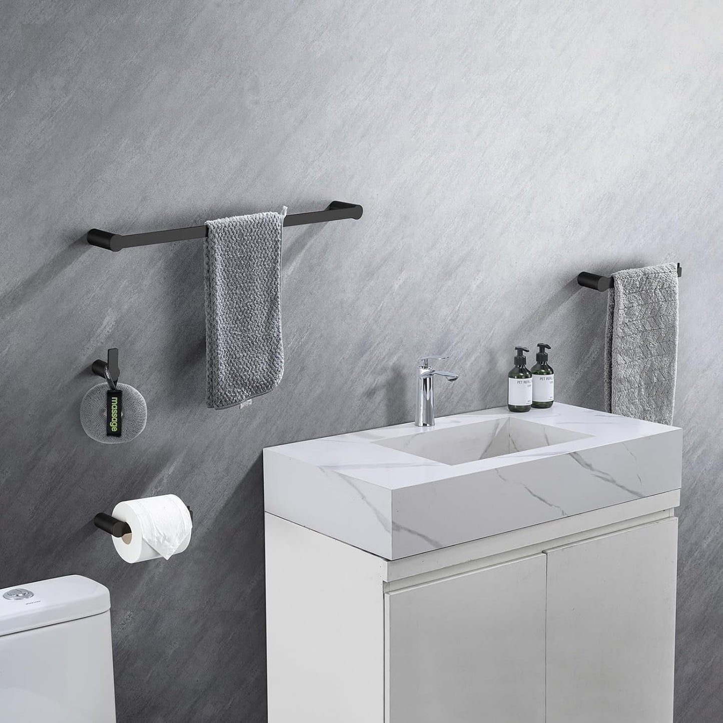 4-Pieces Bathroom Accessories Set, Matte Black Towel Bar Set Modern Stainless Steel Towel Rack Towel Hooks Toilet Paper Holder for Bathroom Wall Mounted, 23 Inch