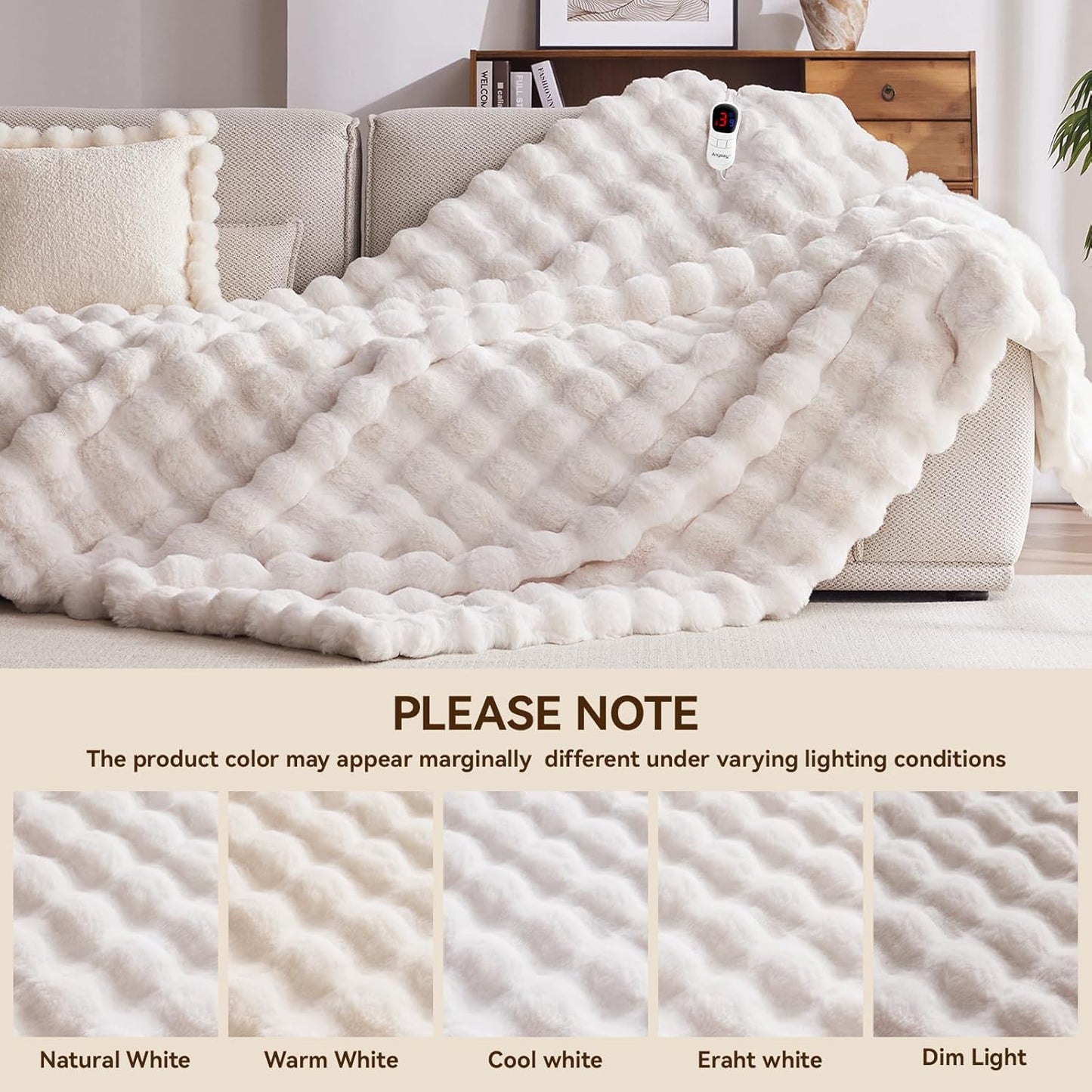 Heated Blanket Throw with 1/2/4/6/8 Hours Auto-Off 10 Heat Level, 50'' * 60'' Cozy Faux Rabbit Fur Bubble Electric Blanket with Overheat Protection(White)