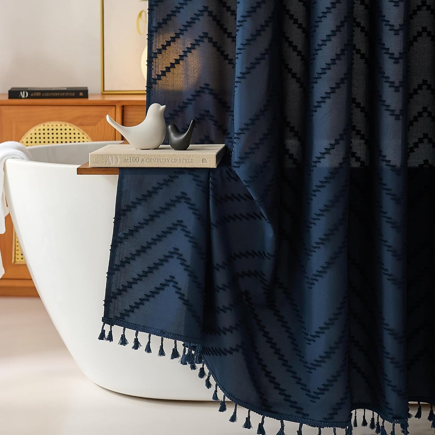 Extra Long Boho Navy Blue Shower Curtain, Woven Fabric Shower Curtain, 72 x 96, Tufted Striped Modern Chic Textured Cloth Shower Curtains Minimalist Bathroom Decor