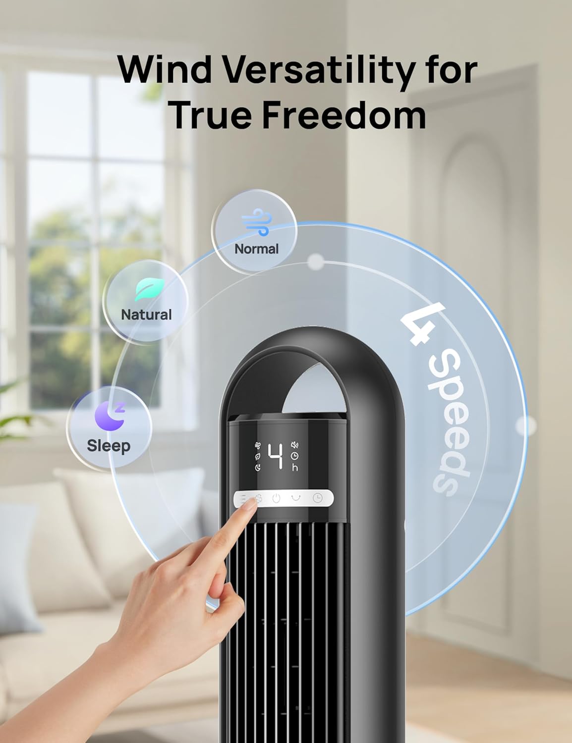 Dreo Tower Fan for Bedroom, 90° Oscillating Standing Fans for Room with 4 Speeds, 3 Modes, 28dB Quiet for Sleep, 25ft/s Velocity, 8H Timer, Remote, Living Room, Office, Home, Black, TF117