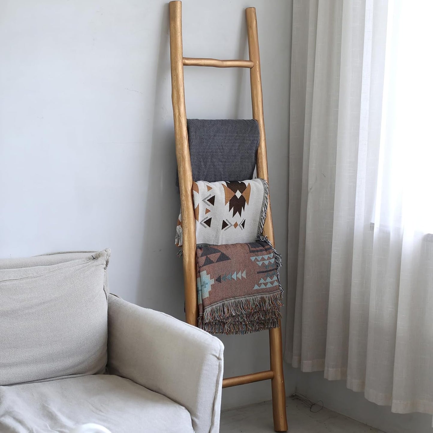 FUIN Fully Assembled 6ft Wood Blanket Ladder Living Room Decorative Wall Leaning Farmhouse Quilt Display Holder Rustic Wooden Towel Rack for Bathroom, Gold