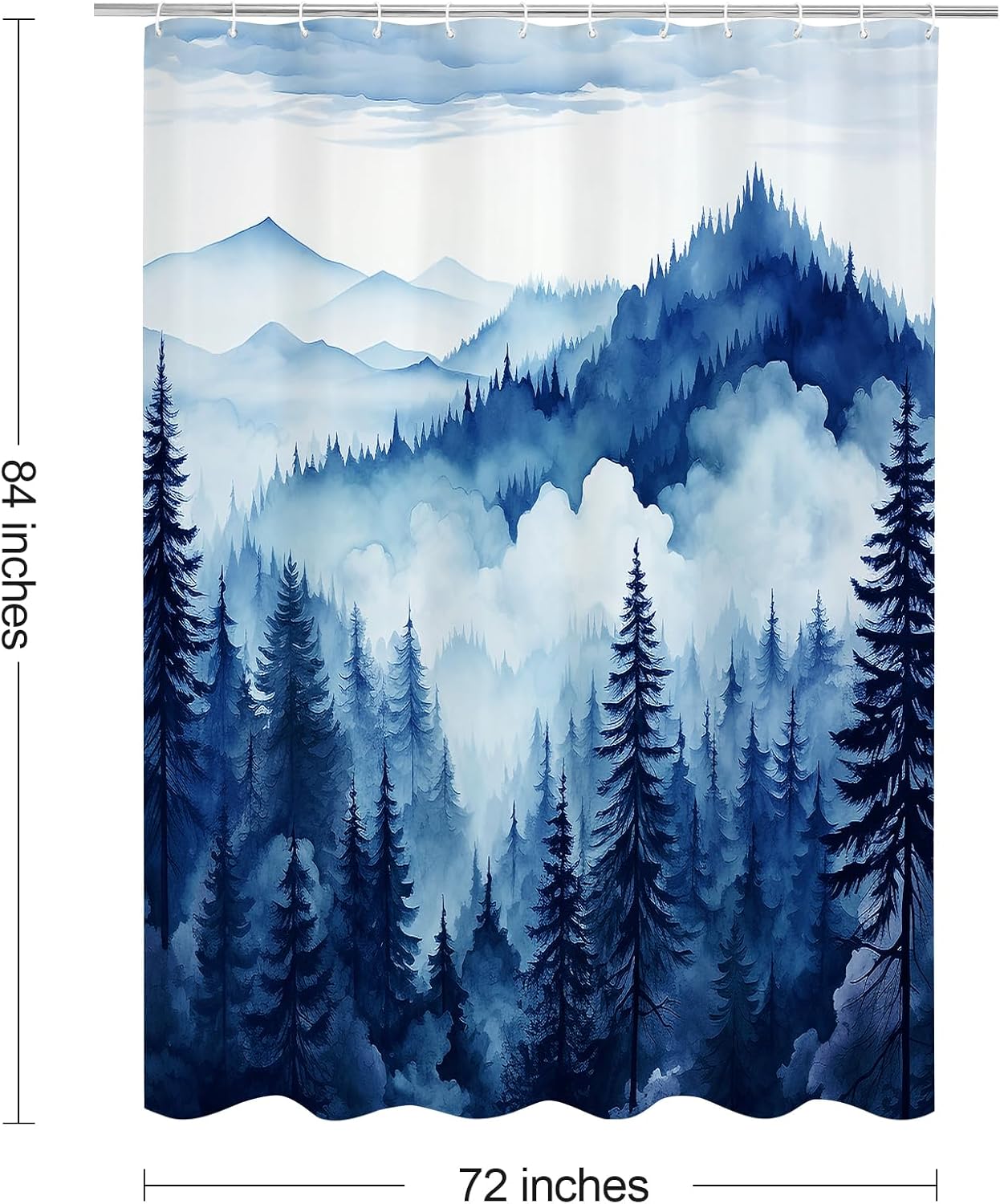 Navy Blue Extra Long Misty Pine Forest Shower Curtain 72 x 84, XL Mountain Foggy Woodland Scenery Tree Shower Curtains for Bathroom, Abstract Waterproof Nature-Themed Decor