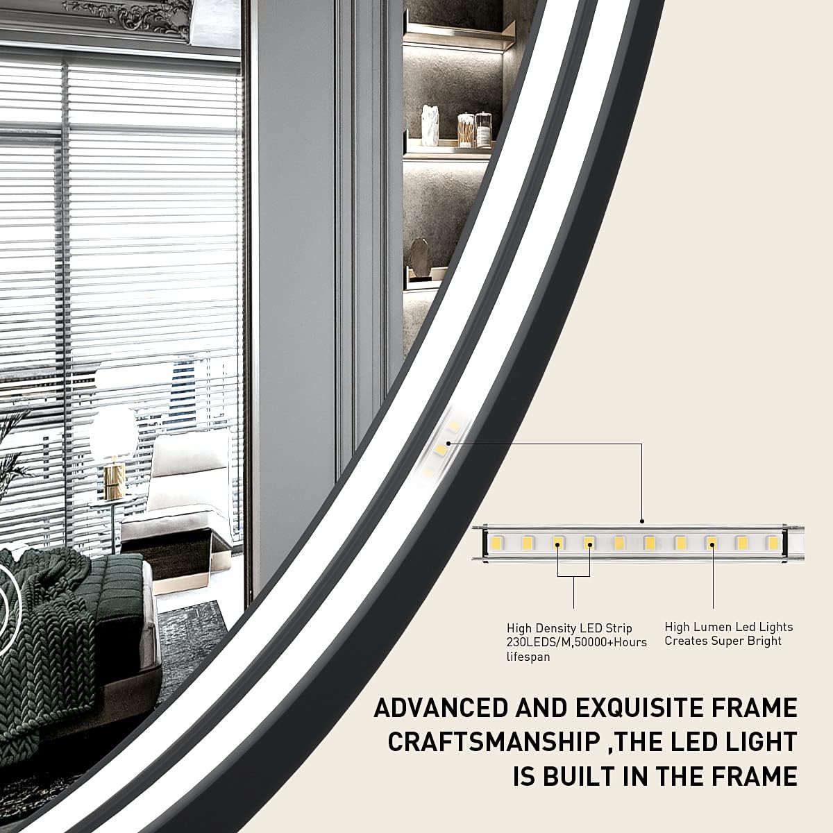 28" Round LED Bathroom Mirror, Dimmable Anti-Fog Vanity Mirror with Touch Control, 6000K Natural Light, Black Metal Frame, Wall Mounted for Makeup Shaving (IP54, 90+ CRI)