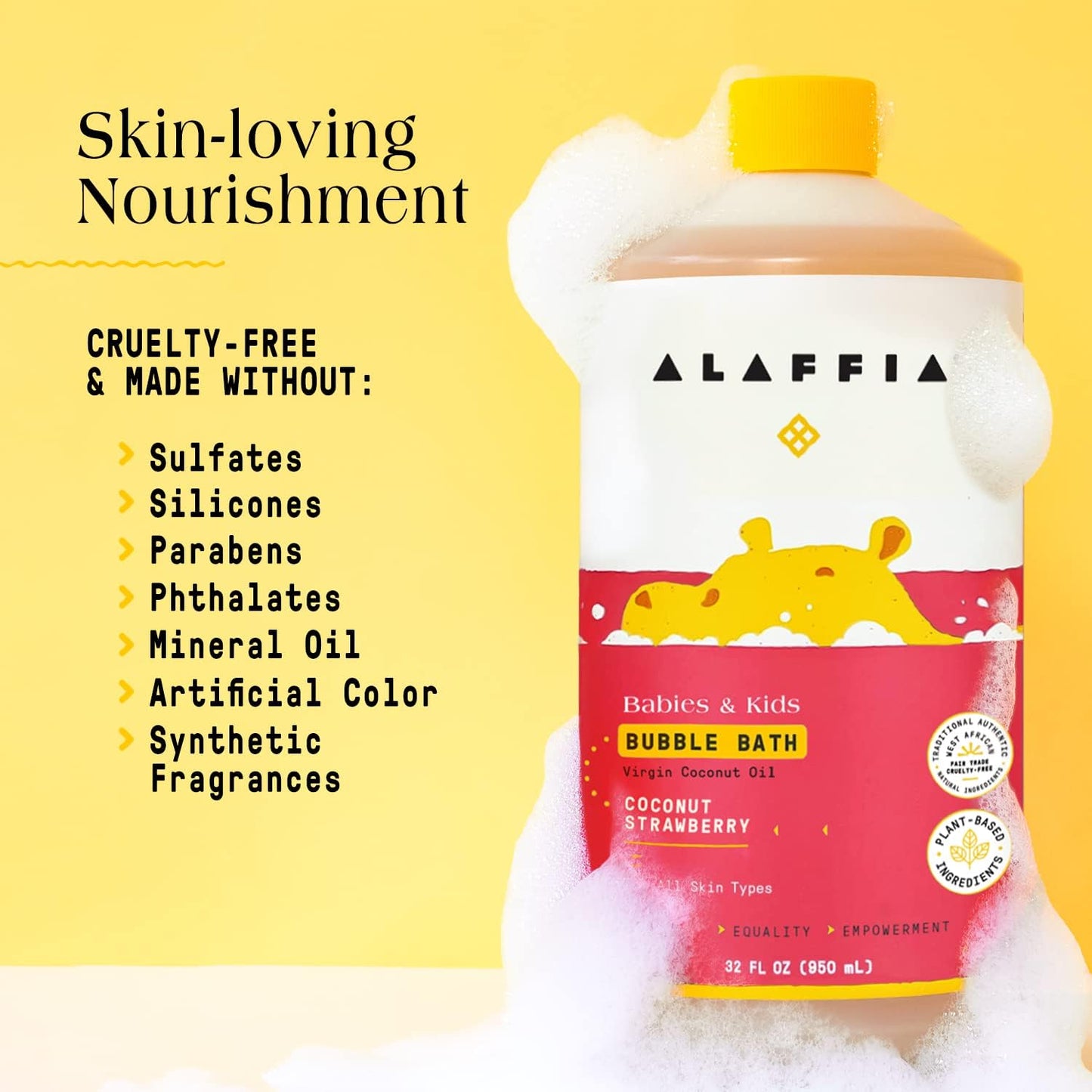 Alaffia Babies and Kids Bubble Bath, Gentle Baby Essentials for Delicate Skin, Cleansing & Calming Bubbles, Plant Based Formula, Vegan, Coconut Strawberry (2 Pack - 32 Fl Oz Ea)
