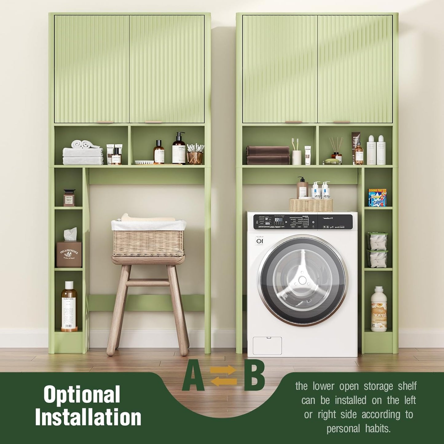 31" W Over The Toilet Storage Cabinet with Fluted Door, Green Bathroom Organizer with Adjustable Shelf, Natural Toilet Paper Holder Stand Wave Door for Restroom, Laundry Room