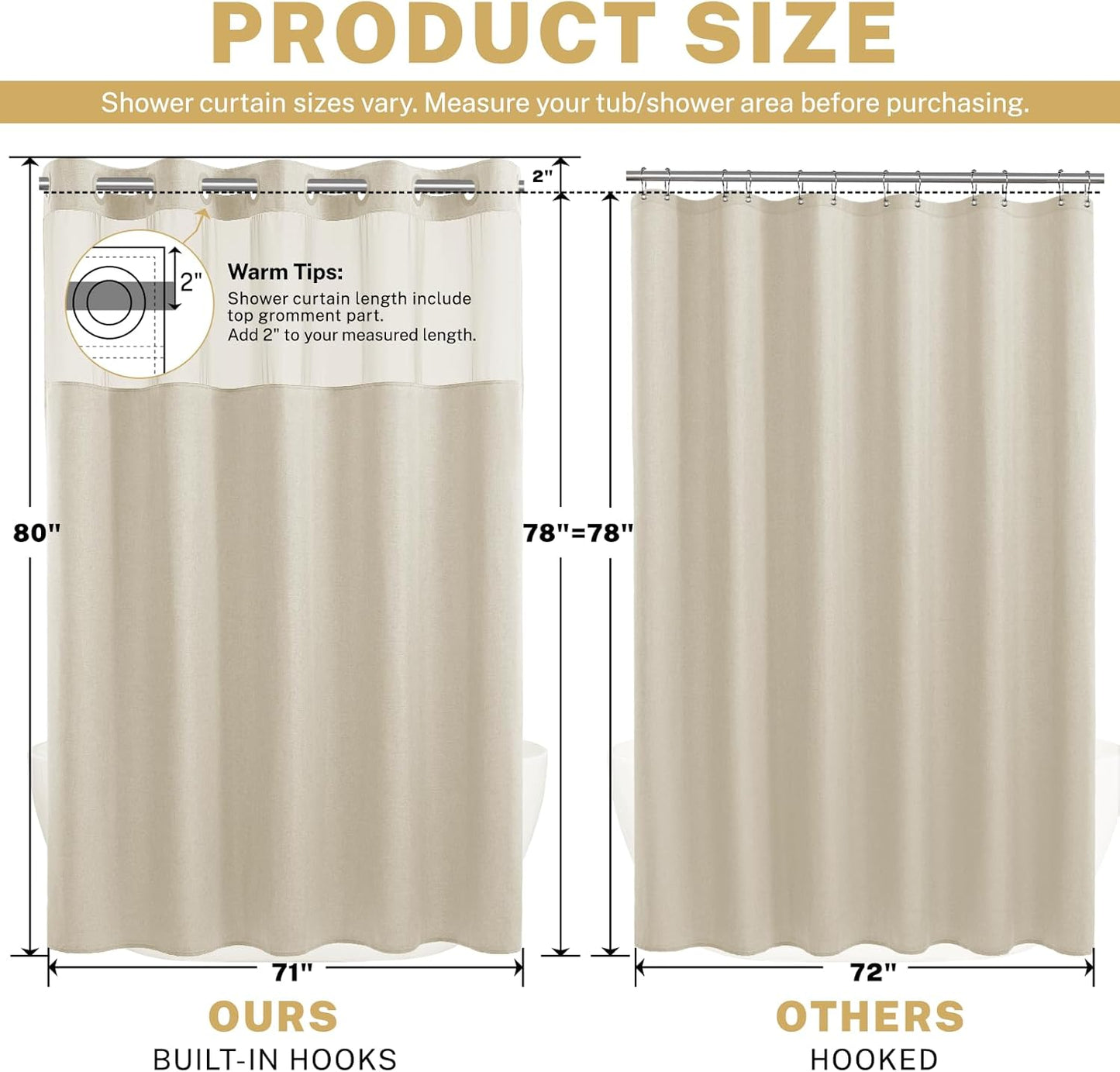 Long No Hook Shower Curtain with Snap in Liner, Polyester Textured Shower Curtain with Liner Set, Waterproof Washable Hotel Style Shower Curtains for Bathroom, 71Wx80H, Cream