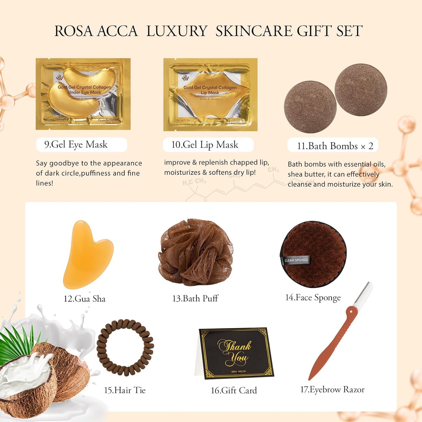 Coconut 23 Pcs Facial Skin Care Kit For Women & Men, Self-Care Gift Set, Spa Relaxation Kit, Face Sheet Mask, Serum, Clay Mask, Birthday, Christmas, Valentines, Mother Day, Dad, All Occasion Present
