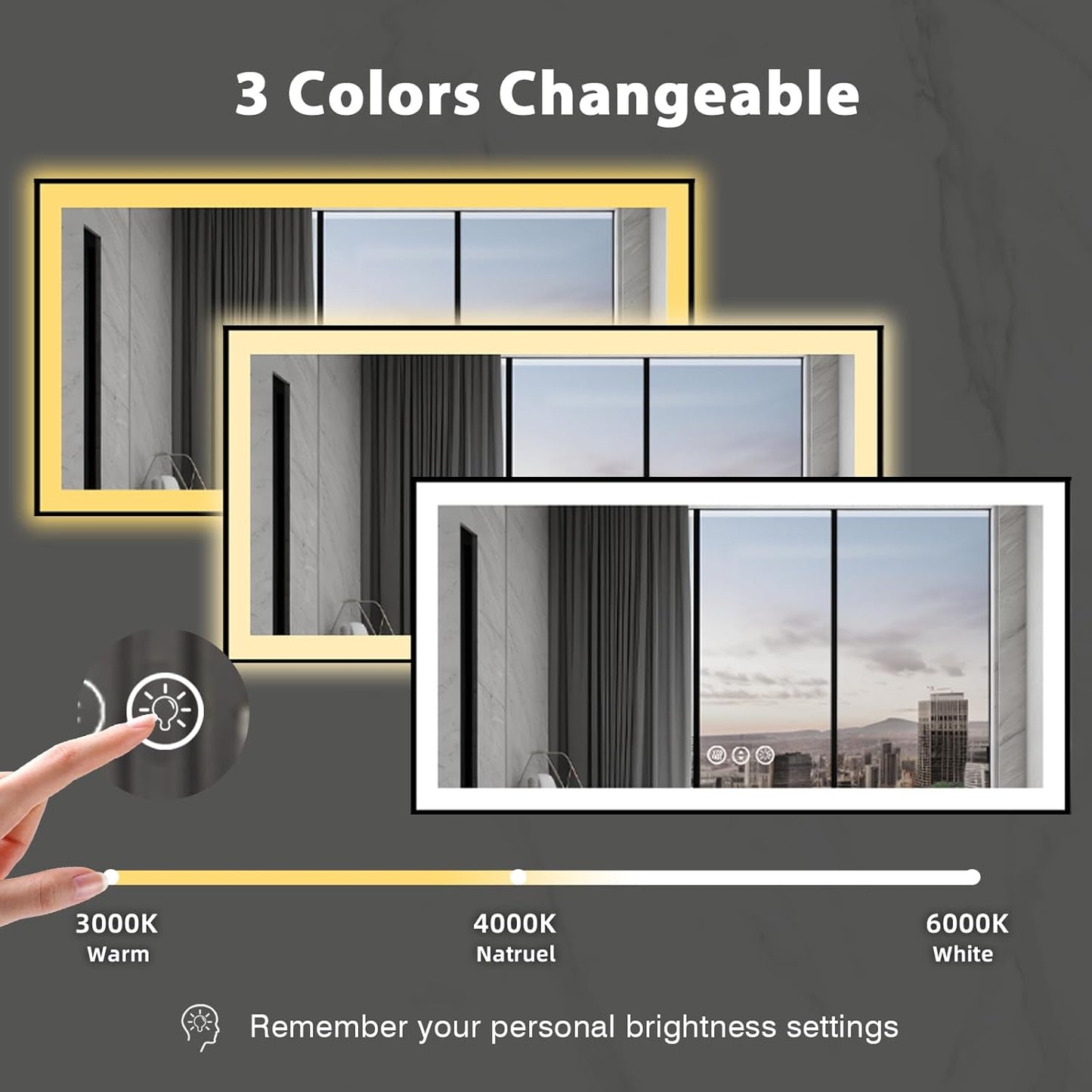 72x36 Lighted Mirrors for Bathroom Wall, Modern Rectangle Matte Black Mirror, Tempered Glass,Double Lights, 3 Colors Dimmable Temperature, IP54 Enhanced Anti-Fog, Memory (Horizontal/Vertical)
